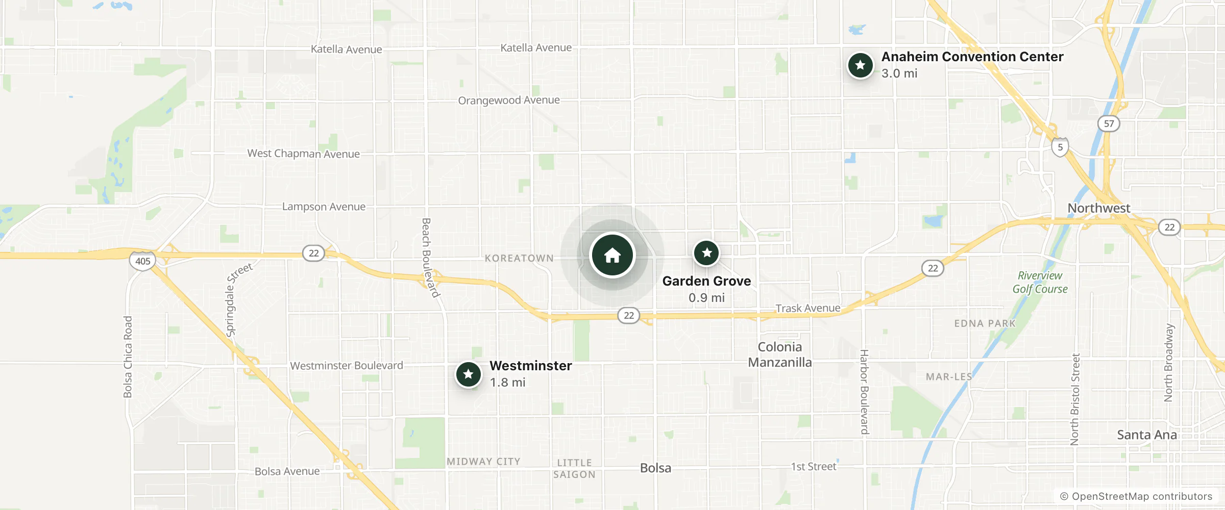 Map of National Inn and nearby Garden Grove, Westminster and Anaheim Convention Center