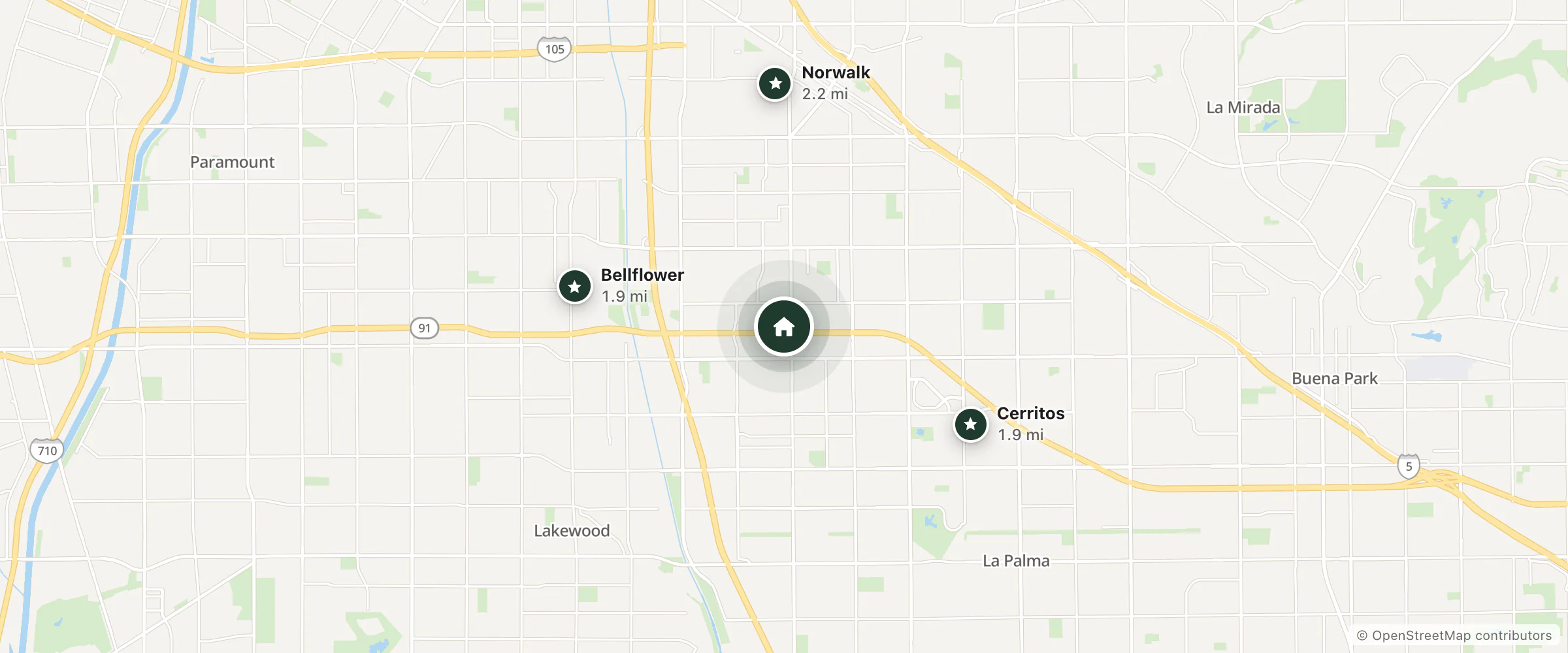 Map of The Excelsior Hotel and nearby Cerritos, Bellflower and Norwalk