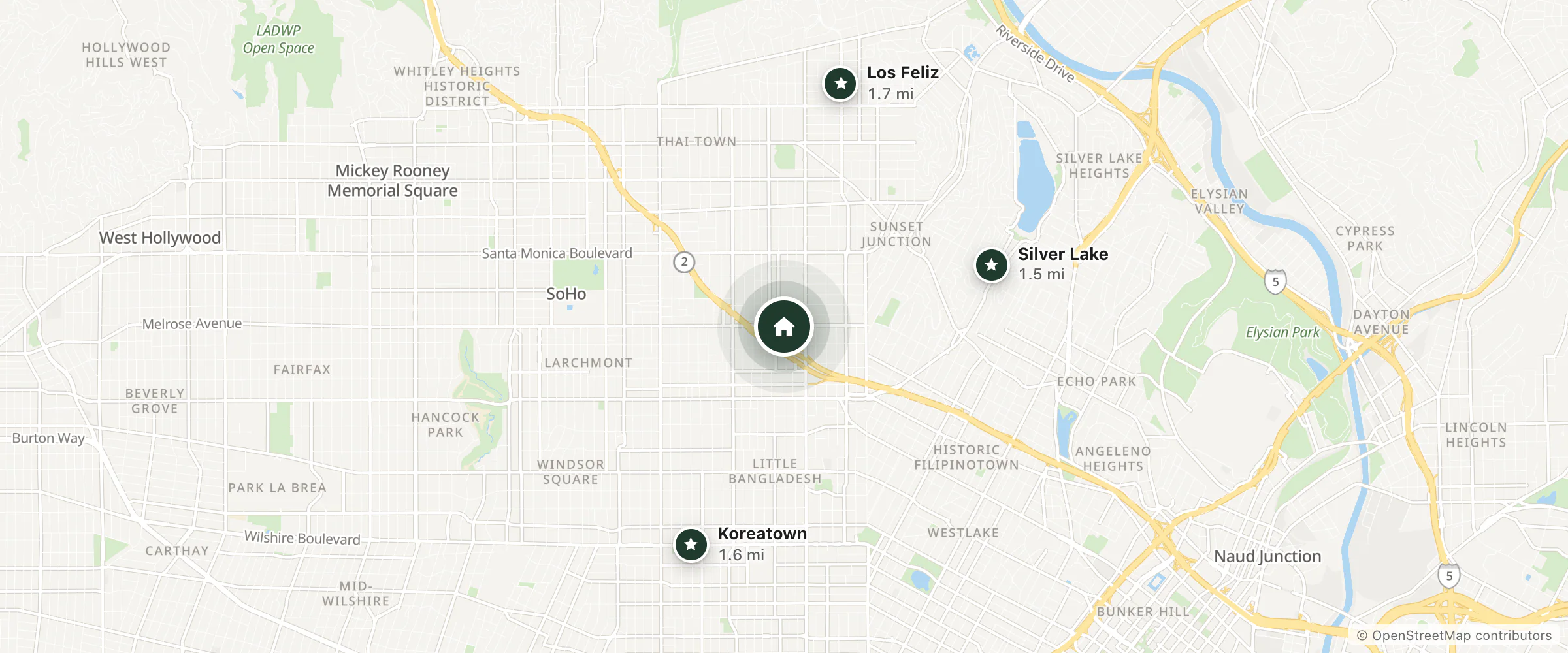 Map of The Steady and nearby Silver Lake, Koreatown and Los Feliz