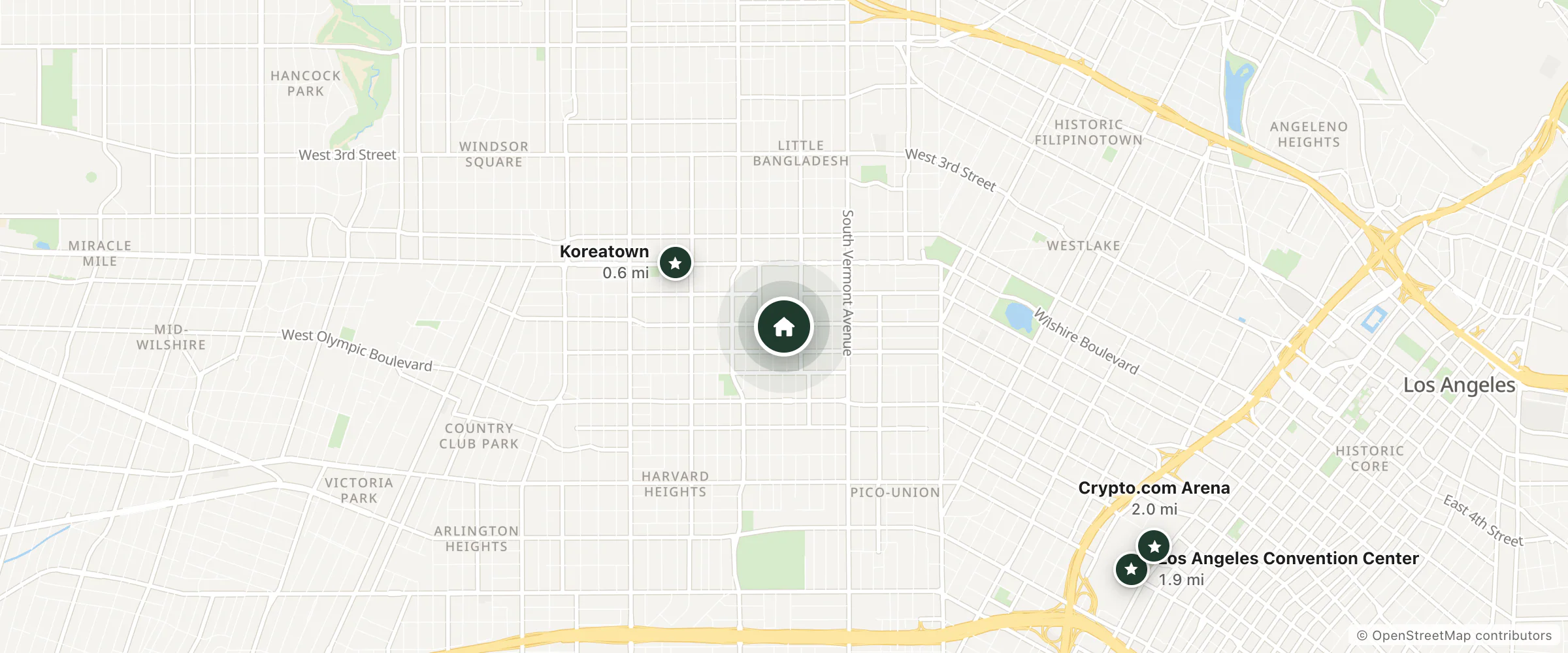 Map of Hometel Suites and nearby Koreatown, Los Angeles Convention Center and Crypto.com Arena