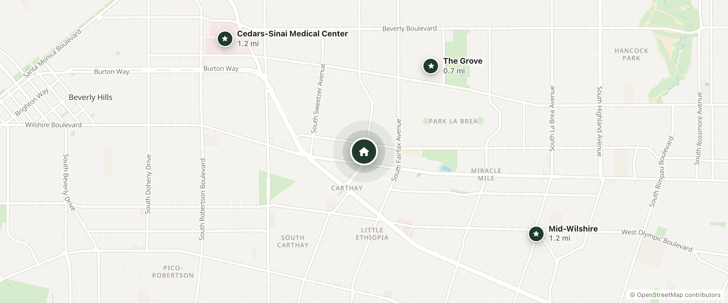 Map of Wilshire Crest Hotel and nearby The Grove, Cedars-Sinai Medical Center and Mid-Wilshire