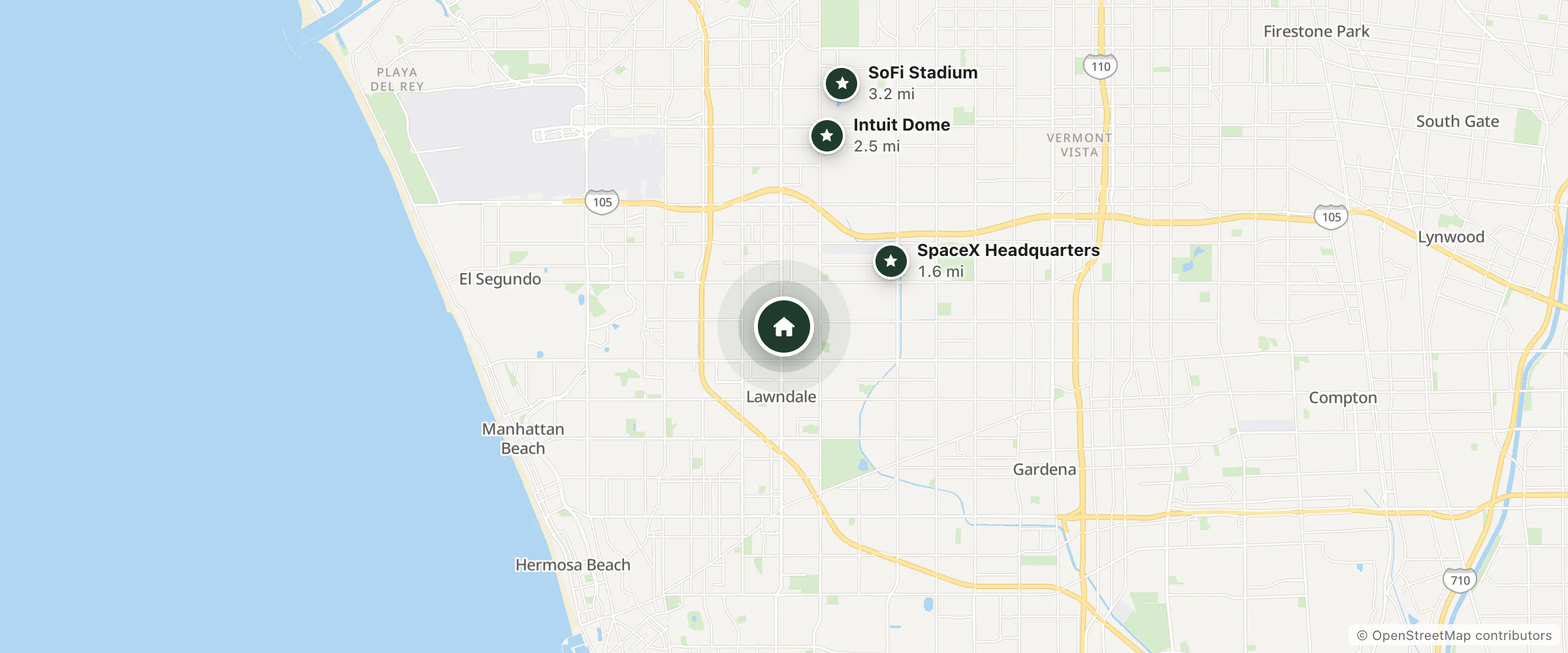 Map of Deluxe Inn Hawthorne and nearby SpaceX Headquarters, Intuit Dome and SoFi Stadium