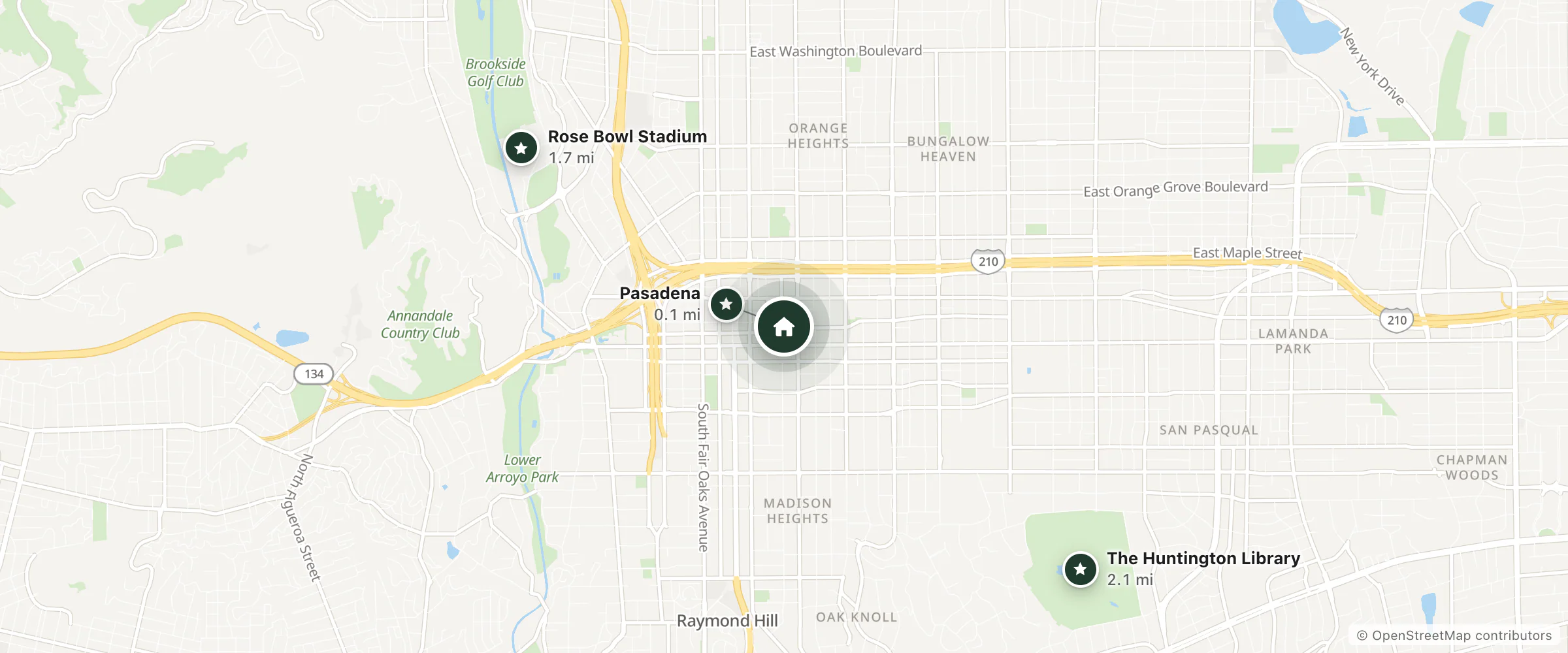 Map of The Marilyn Hotel and nearby Pasadena, Rose Bowl Stadium and The Huntington Library