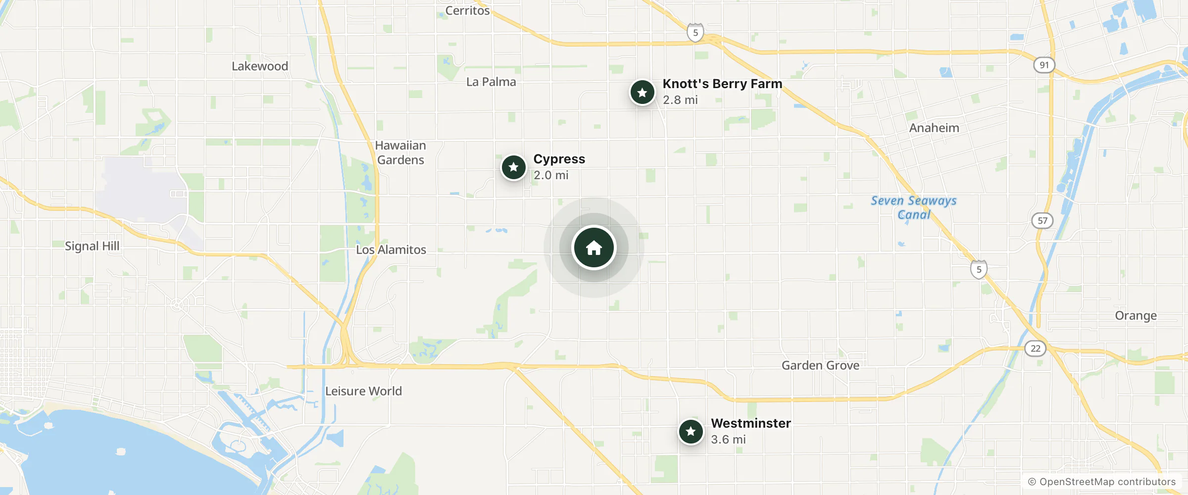 Map of Hampton Inn Cypress and nearby Cypress, Knott's Berry Farm and Westminster