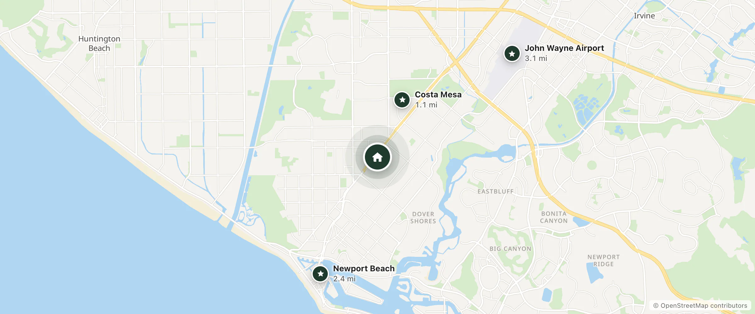 Map of Holiday Inn Express & Suites Costa Mesa, An Ihg Hotel and nearby Costa Mesa, Newport Beach and John Wayne Airport