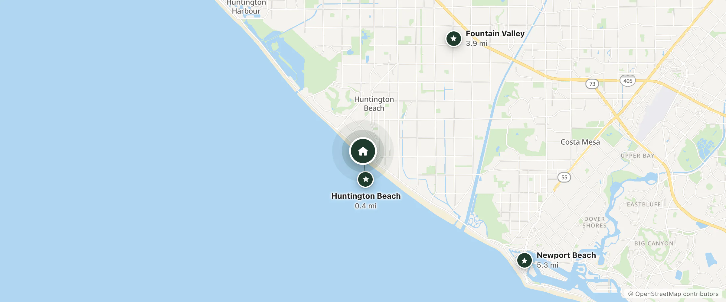 Map of Huntington Beach Inn and nearby Huntington Beach, Fountain Valley and Newport Beach