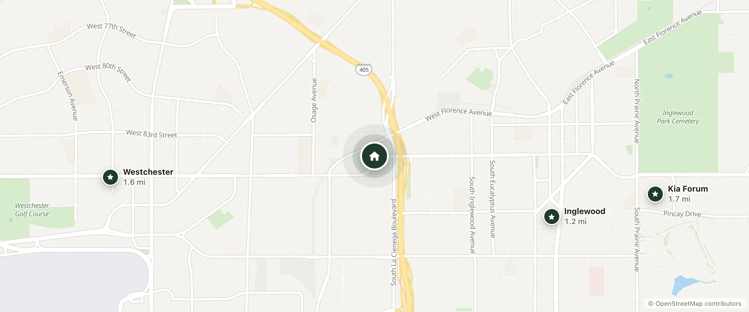 Map of Days Inn Hotel and nearby Inglewood, Westchester and Kia Forum