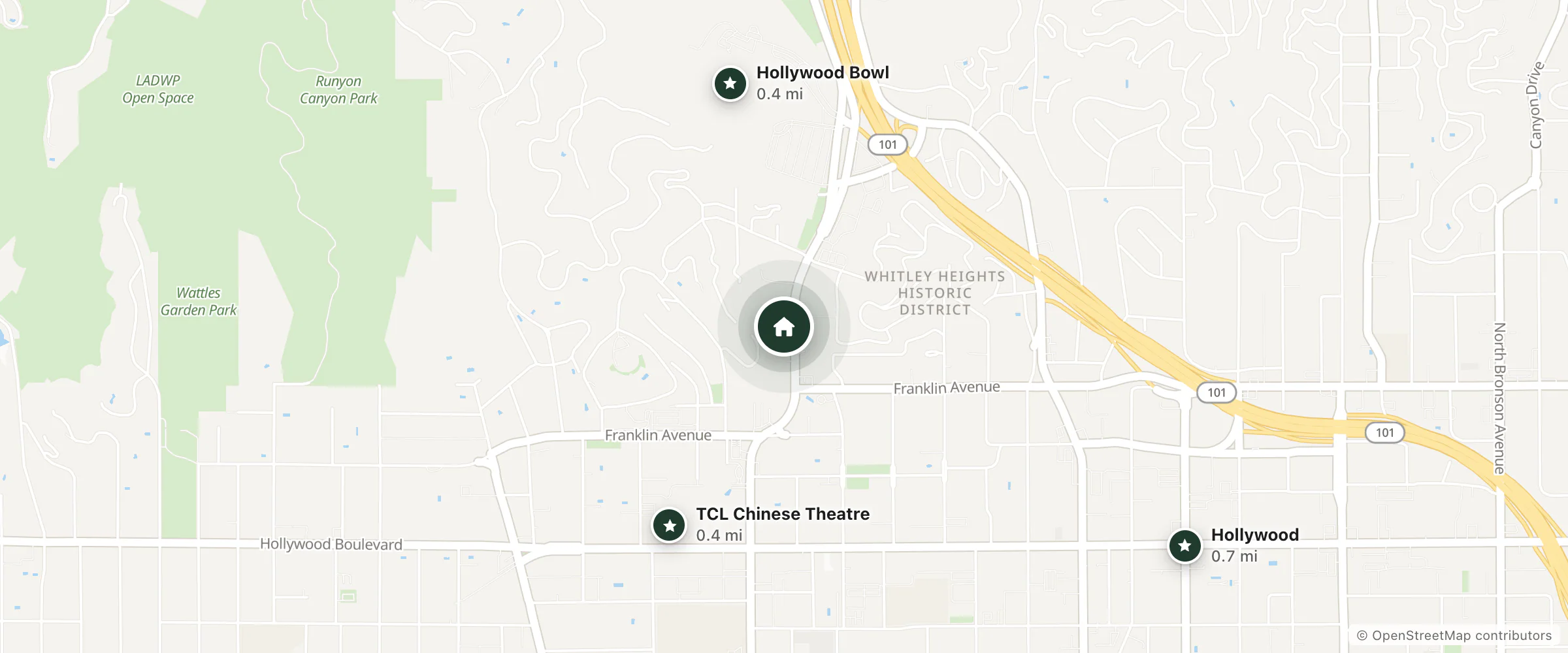 Map of Hilton Garden Inn Los Angeles/Hollywood and nearby TCL Chinese Theatre, Hollywood Bowl and Hollywood