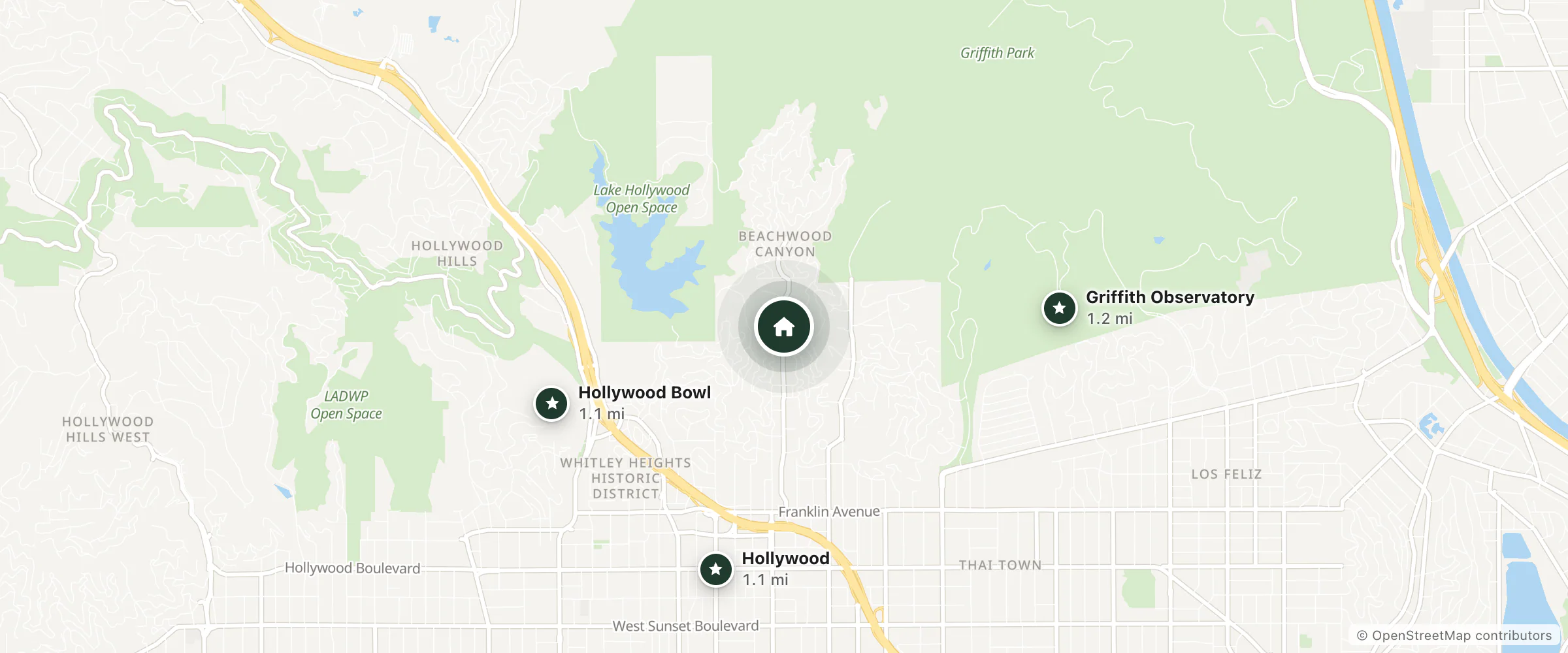 Map of Besant Lodge and nearby Hollywood Bowl, Hollywood and Griffith Observatory