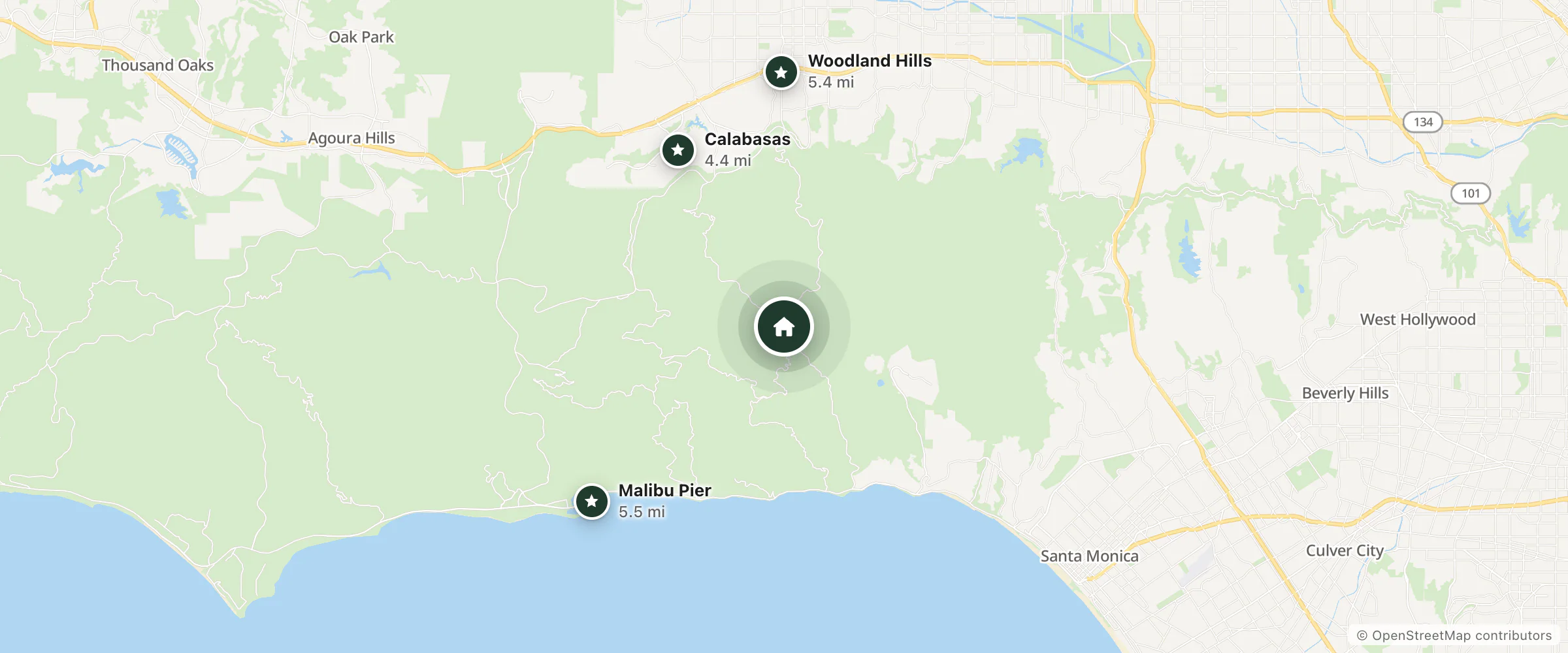 Map of Spiral Staircase and nearby Calabasas, Woodland Hills and Malibu Pier