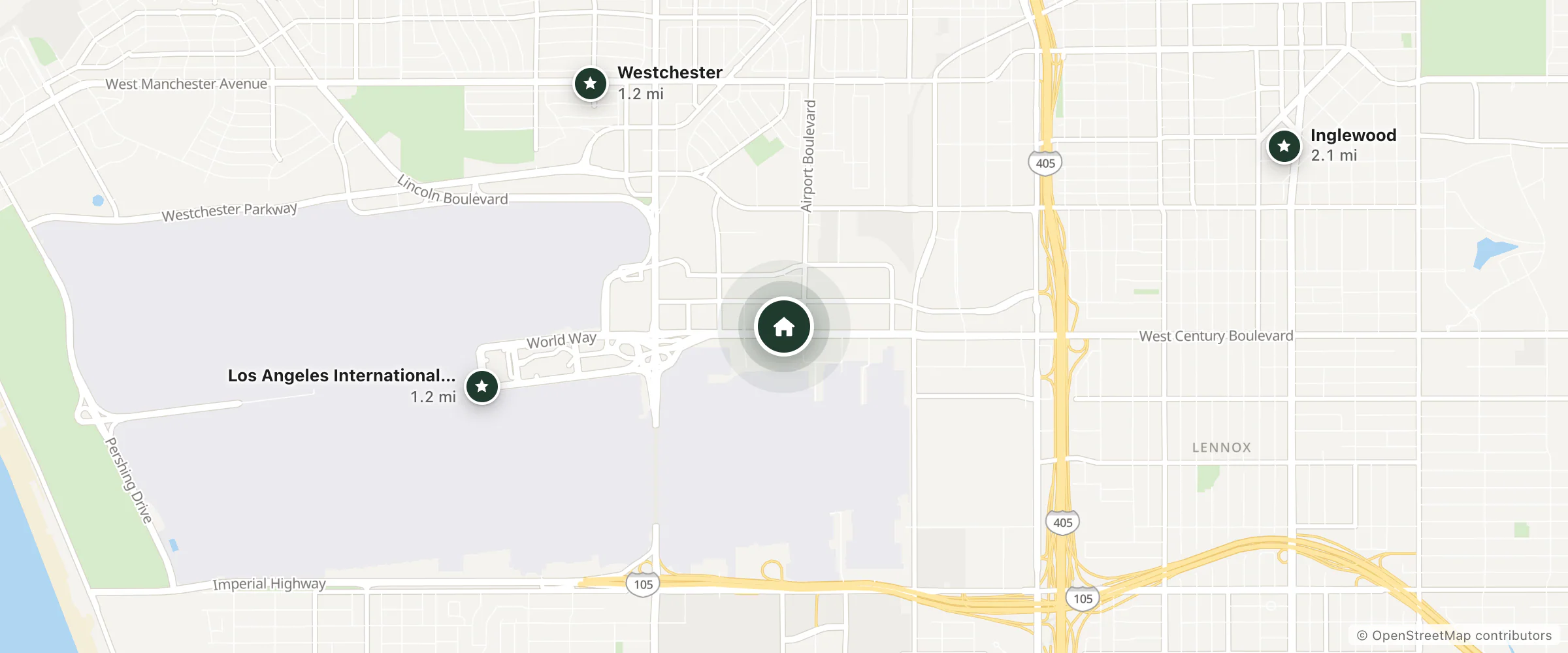 Map of Residence Inn by Marriott Los Angeles LAX/Century Boulevard and nearby Los Angeles International Airport, Westchester and Inglewood