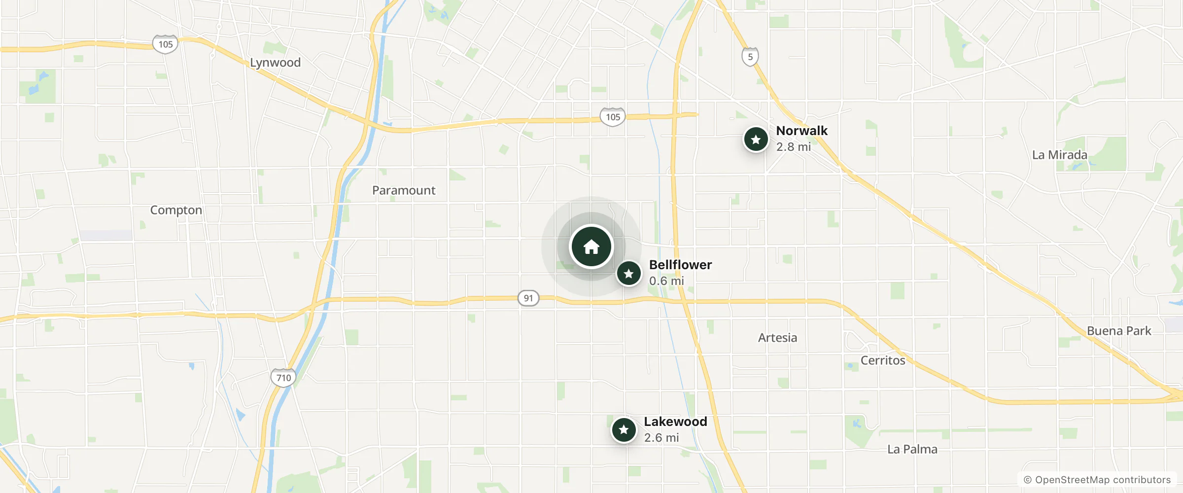 Map of Starlite Motel and nearby Bellflower, Lakewood and Norwalk