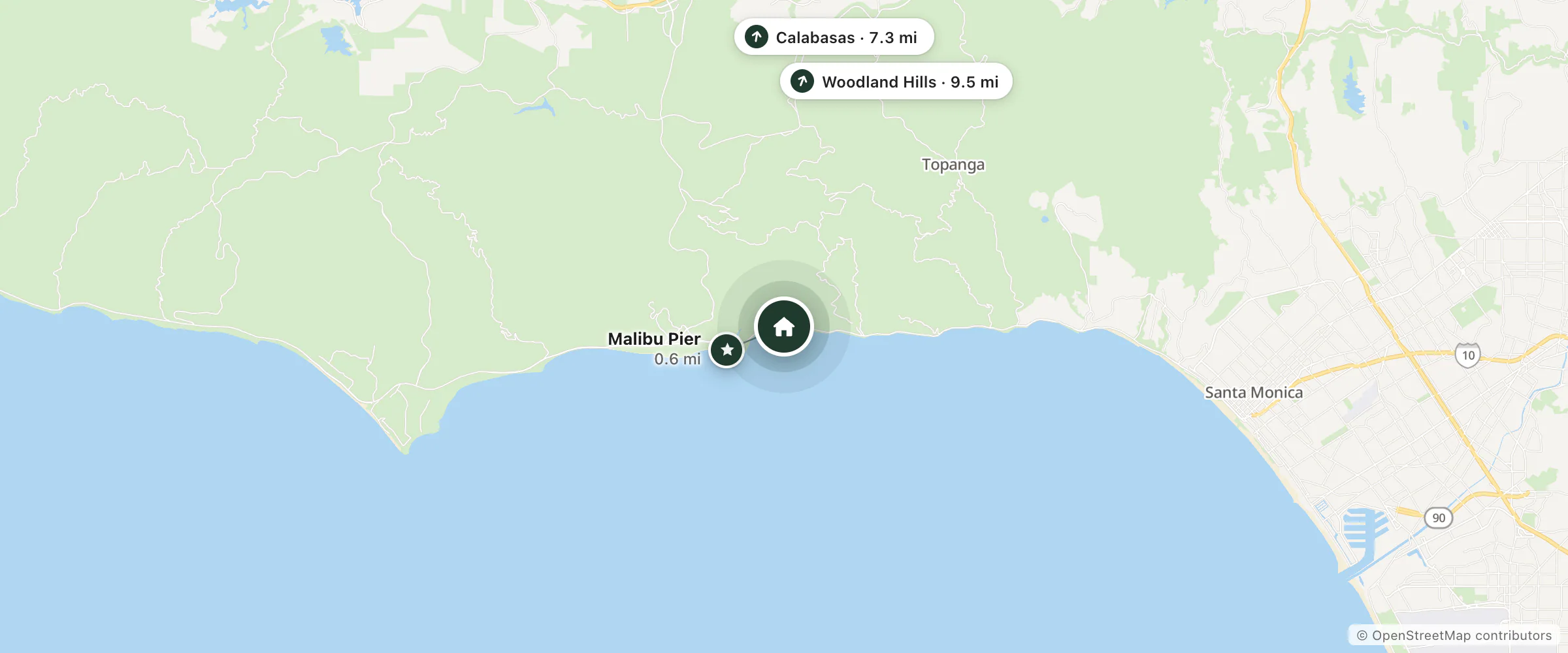 Map of The M Malibu and nearby Malibu Pier, Calabasas and Woodland Hills