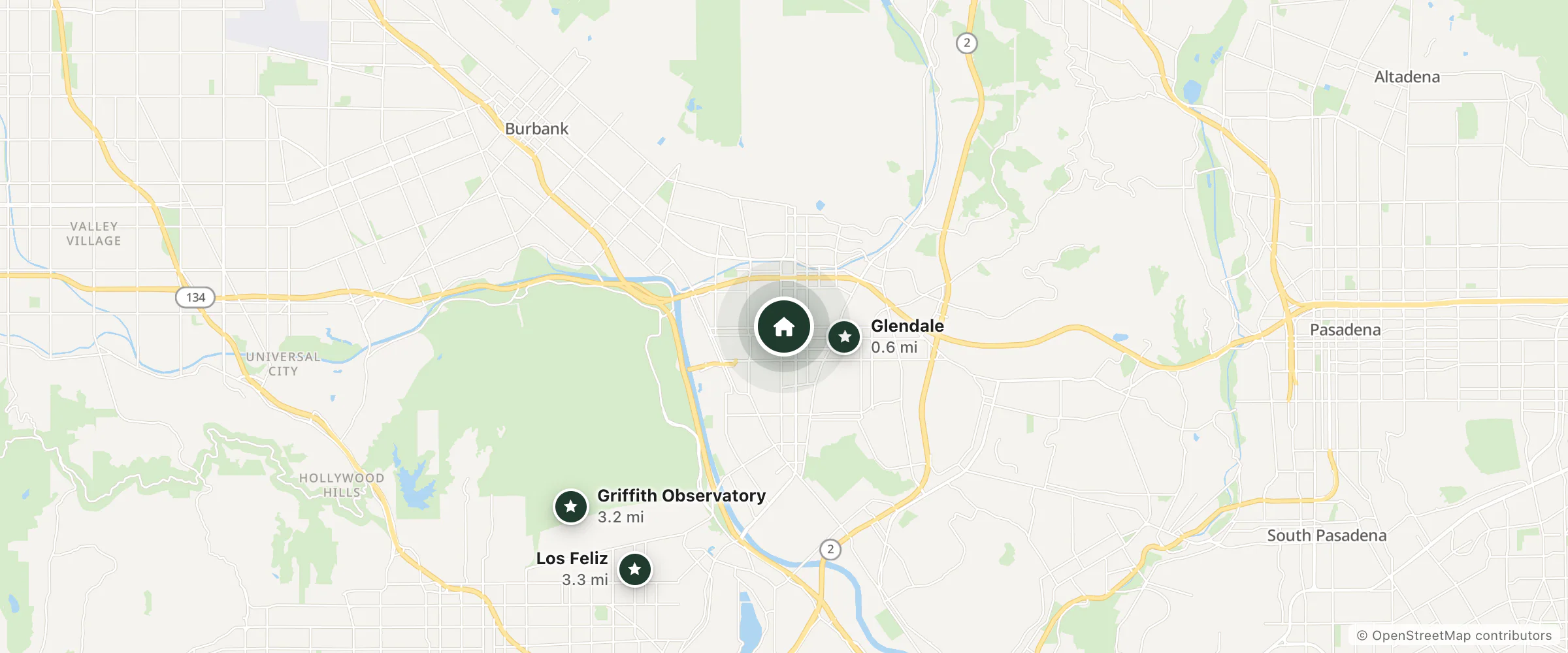 Map of Hyatt Place Glendale and nearby Glendale, Griffith Observatory and Los Feliz