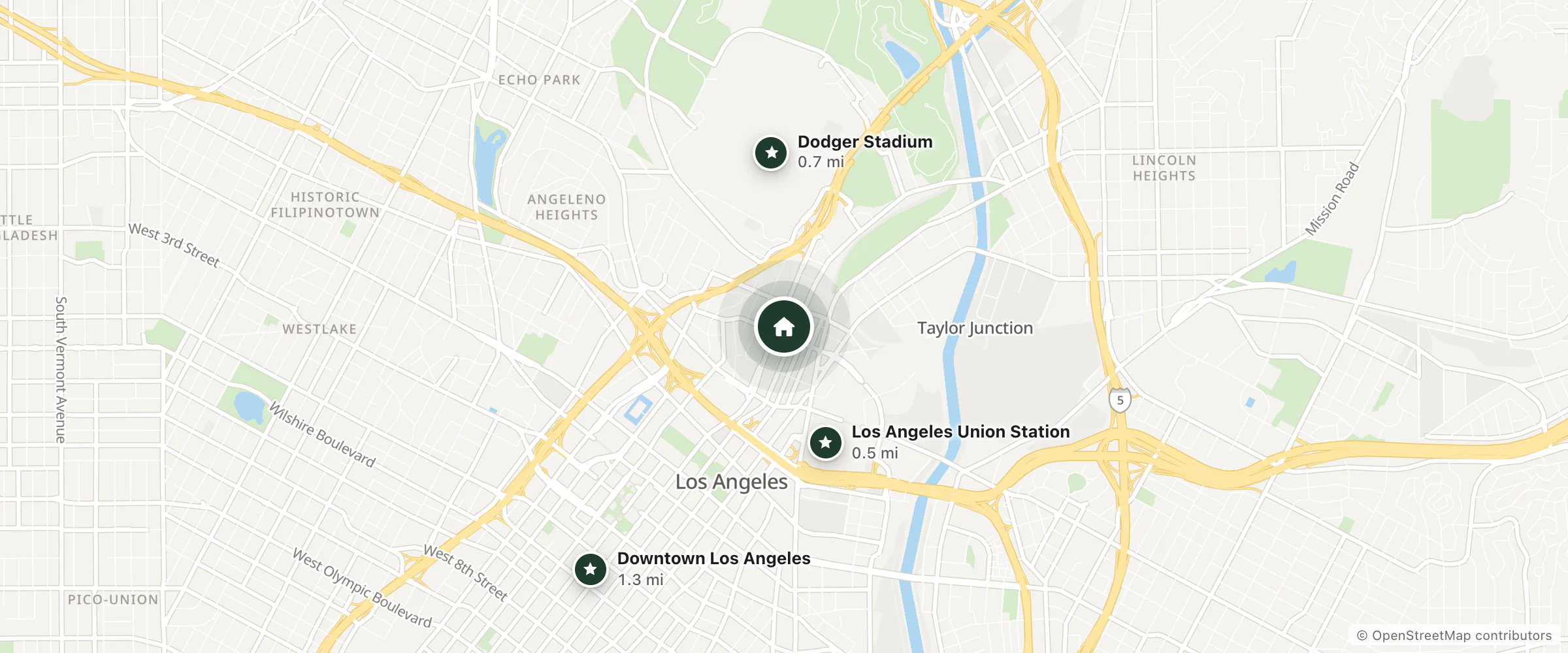 Map of Aiden Los Angeles Downtown Dragon Gate Inn and nearby Los Angeles Union Station, Dodger Stadium and Downtown Los Angeles