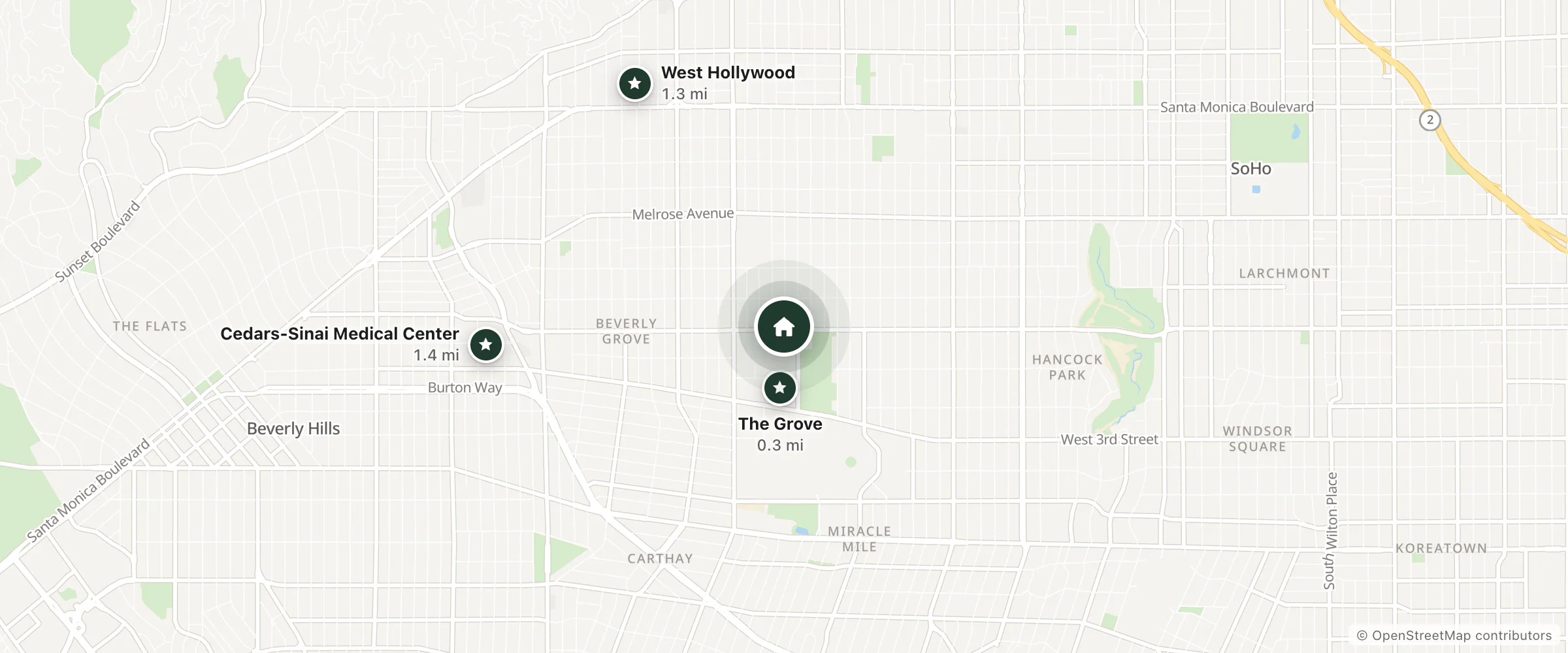 Map of Beverly Inn and nearby The Grove, West Hollywood and Cedars-Sinai Medical Center
