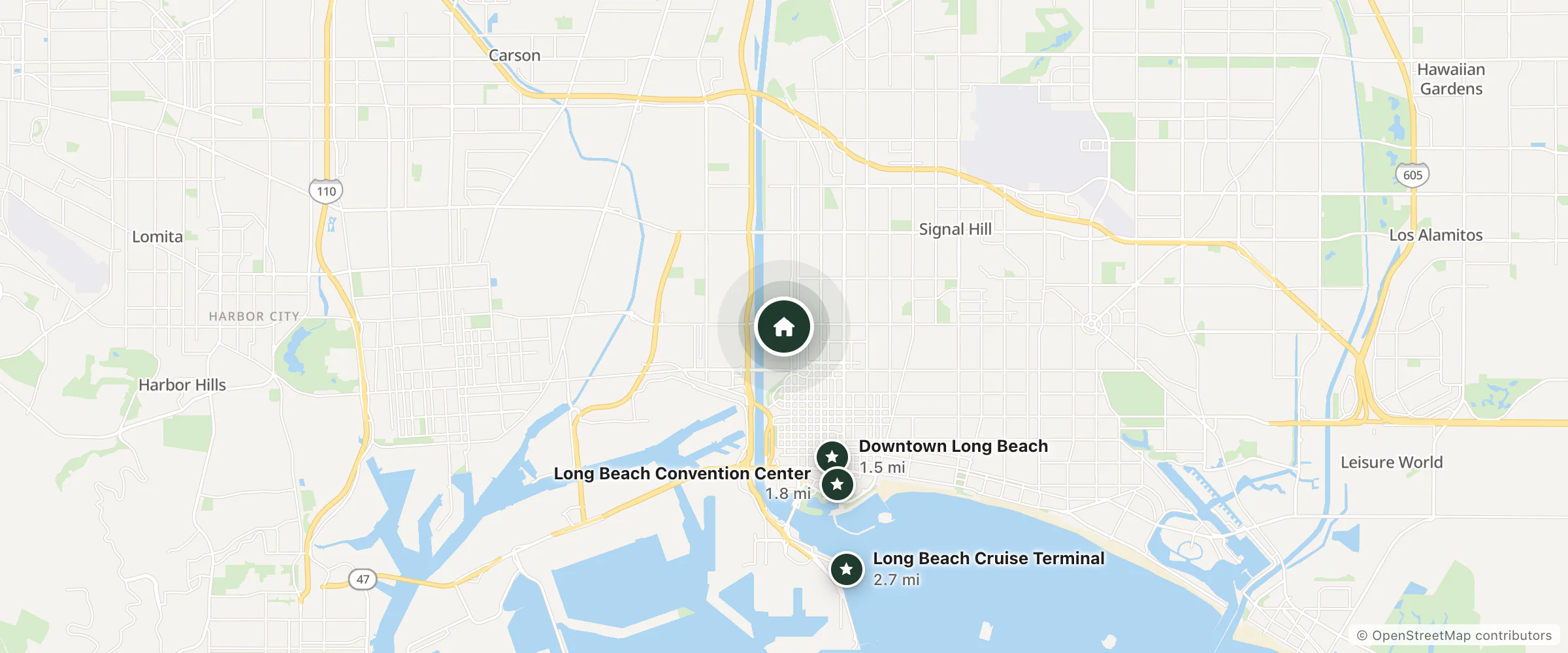 Map of Beacon Motel and nearby Downtown Long Beach, Long Beach Convention Center and Long Beach Cruise Terminal