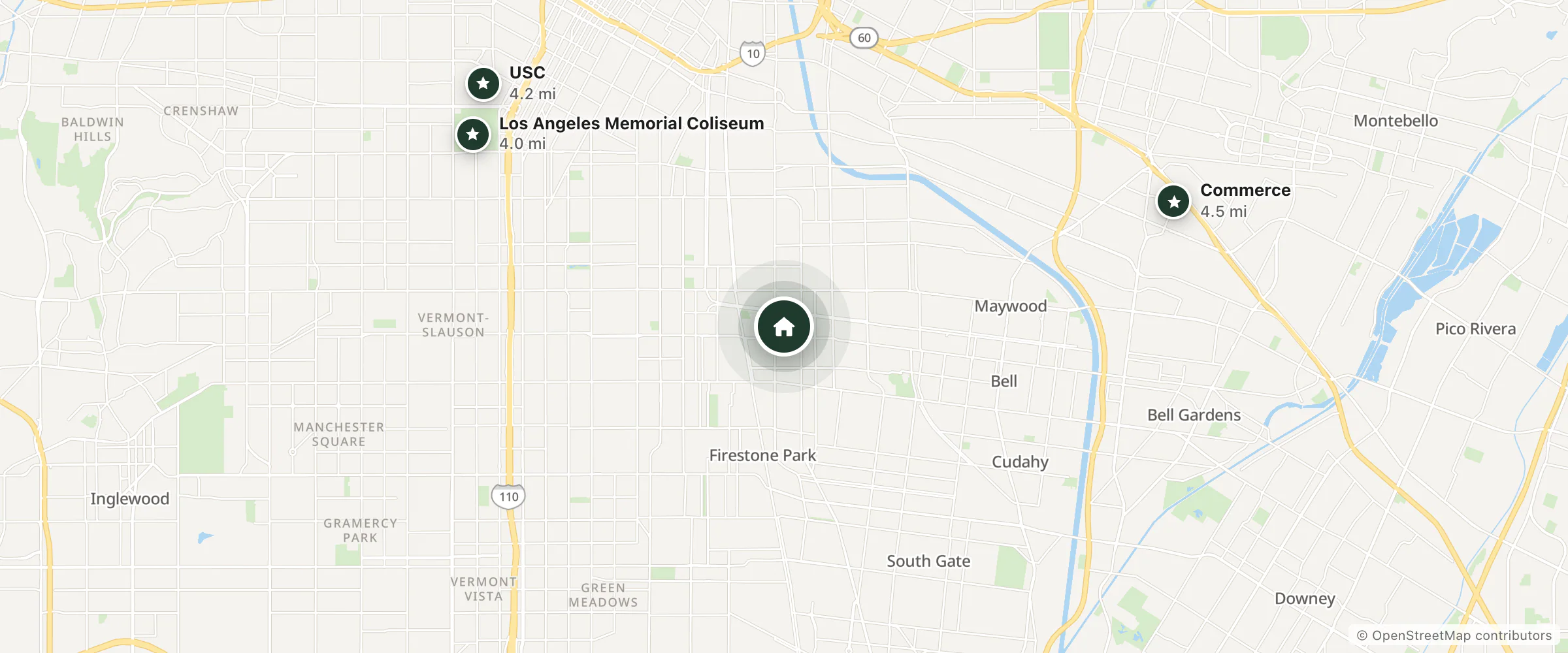 Map of Clarendon Hotel and nearby Los Angeles Memorial Coliseum, USC and Commerce