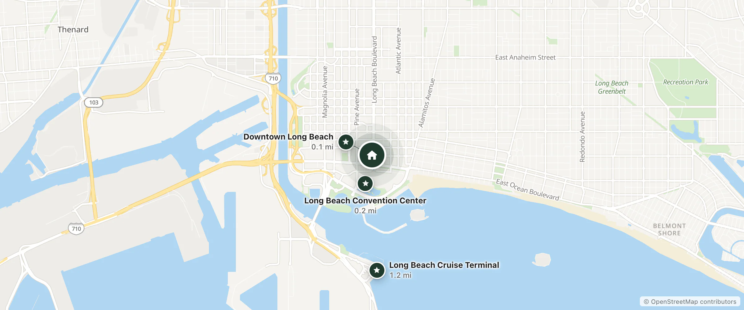 Map of Hotel Mai and nearby Downtown Long Beach, Long Beach Convention Center and Long Beach Cruise Terminal