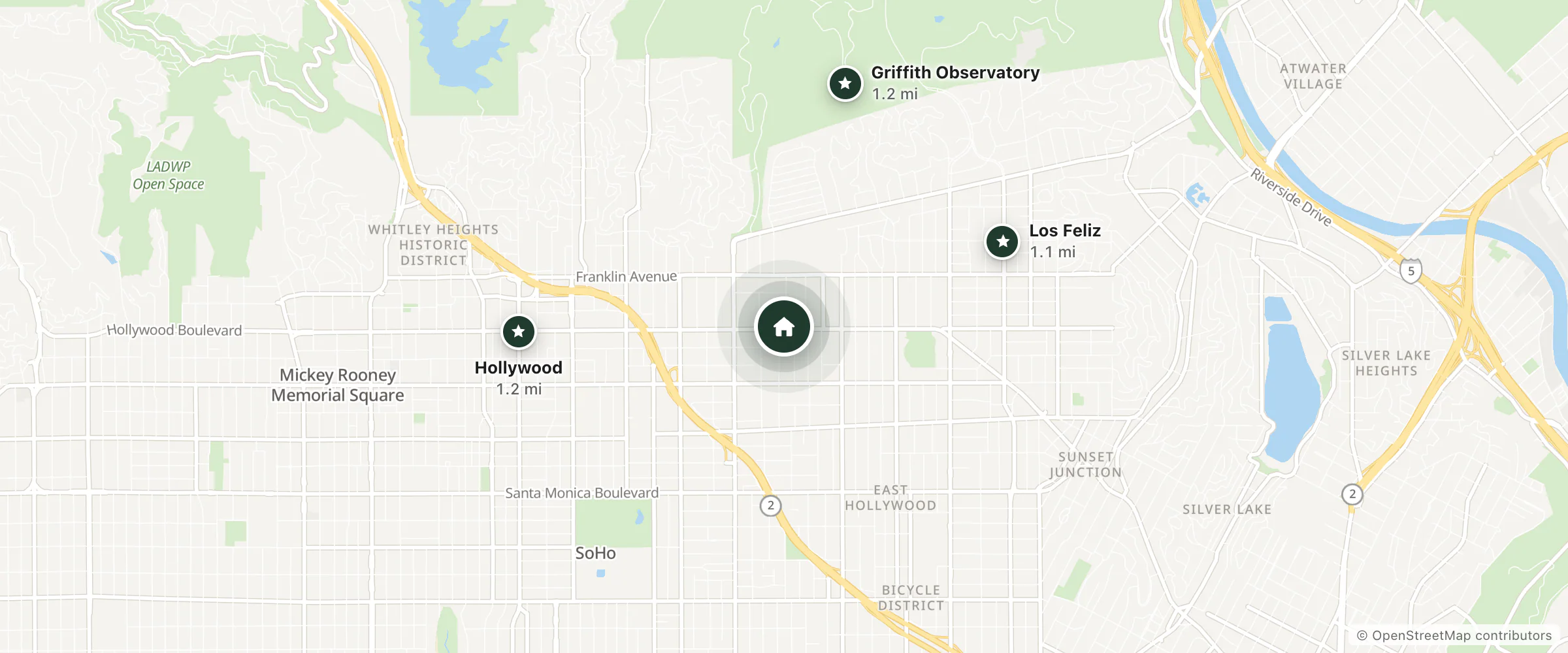 Map of Harvard House Motel and nearby Los Feliz, Griffith Observatory and Hollywood
