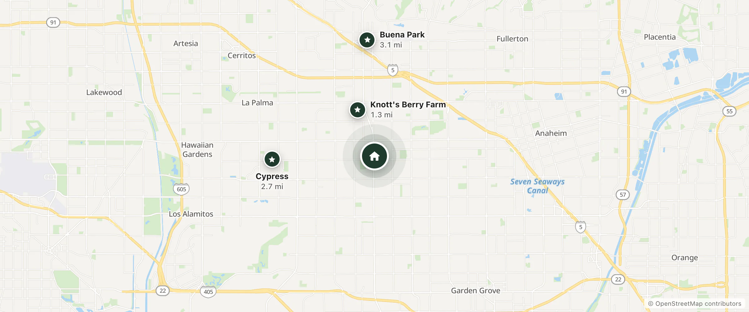 Map of Pacific Inn and nearby Knott's Berry Farm, Cypress and Buena Park