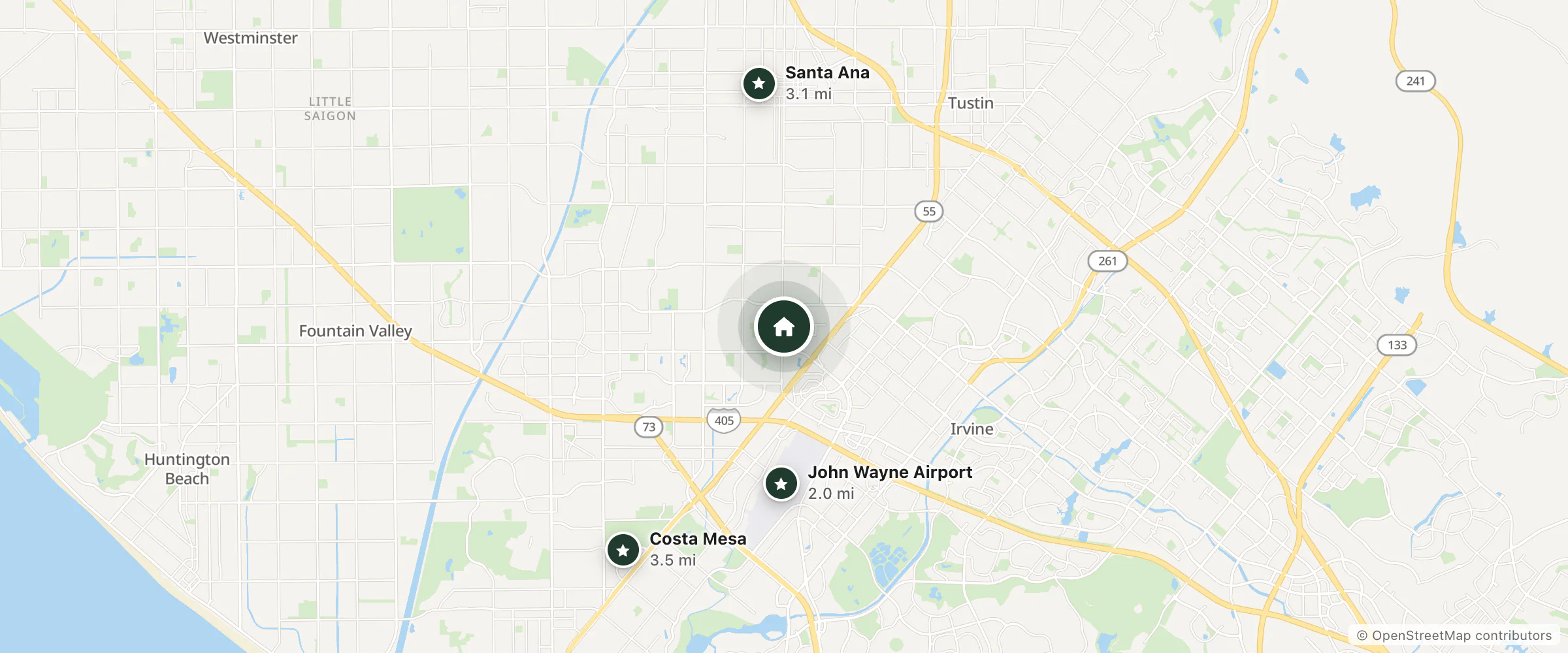 Map of Carriage Stop Motel and nearby John Wayne Airport, Santa Ana and Costa Mesa