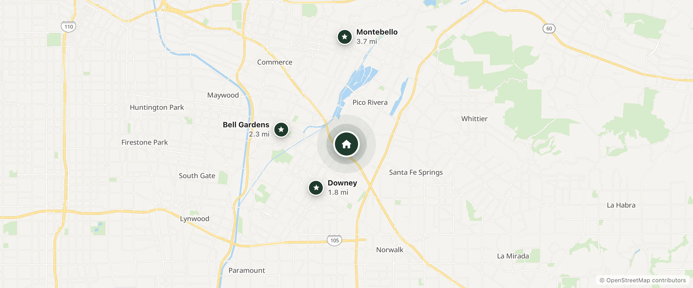 Map of Econo Lodge and nearby Downey, Bell Gardens and Montebello