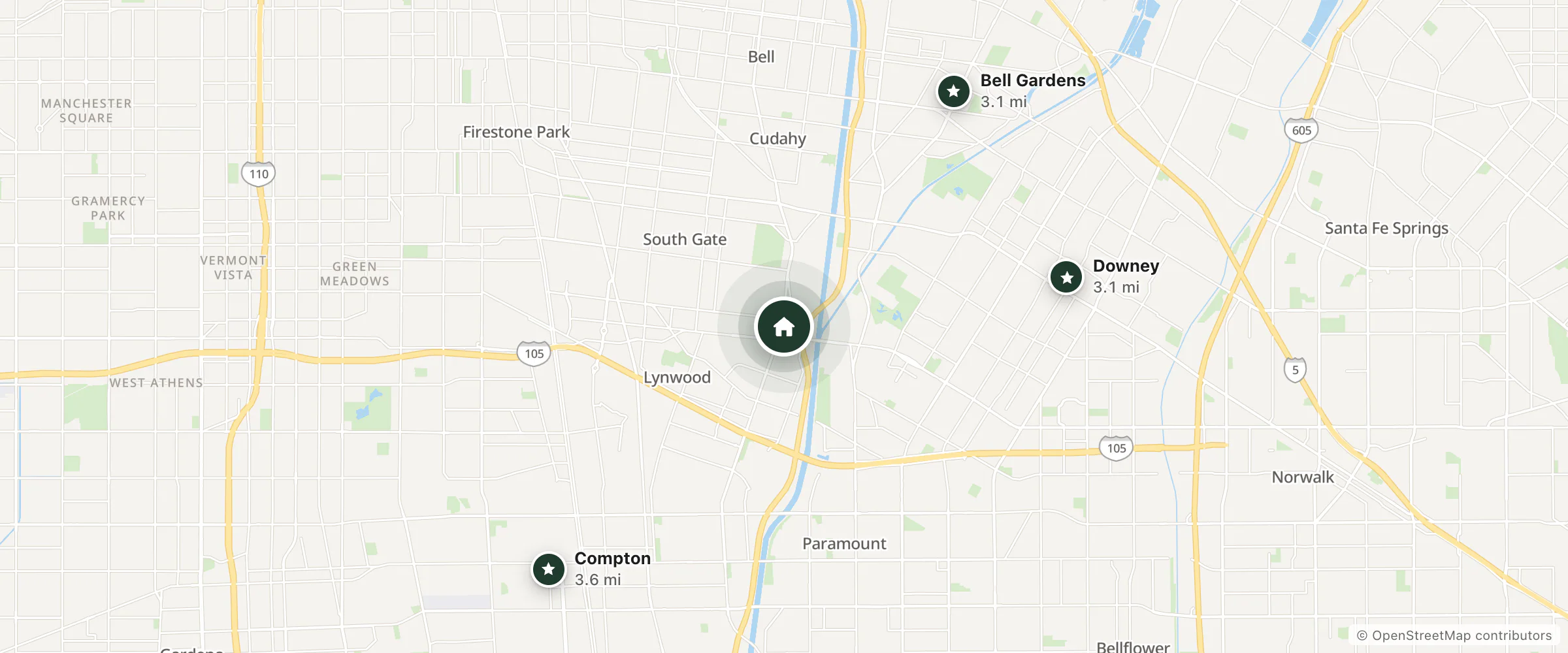 Map of Cozy Inn and nearby Downey, Bell Gardens and Compton