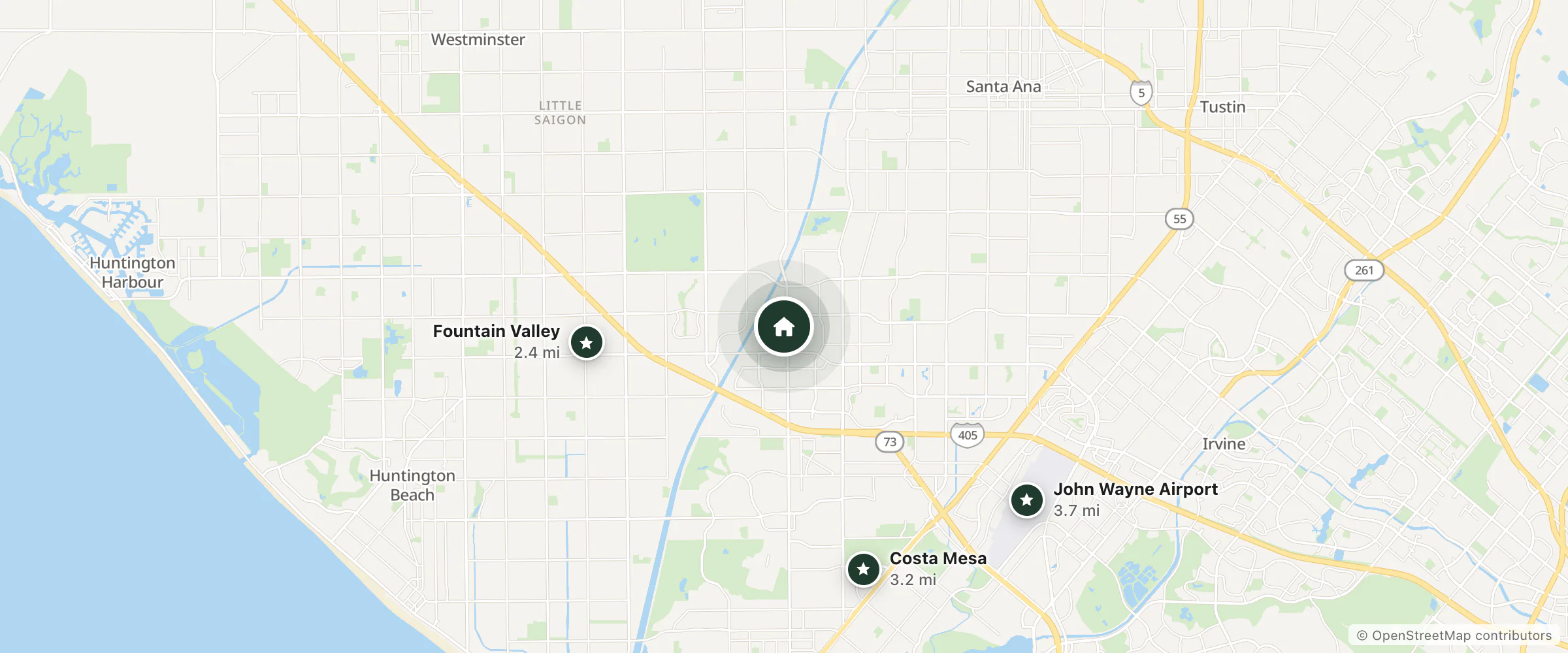 Map of Courtyard by Marriott Costa Mesa South Coast Metro and nearby Fountain Valley, Costa Mesa and John Wayne Airport