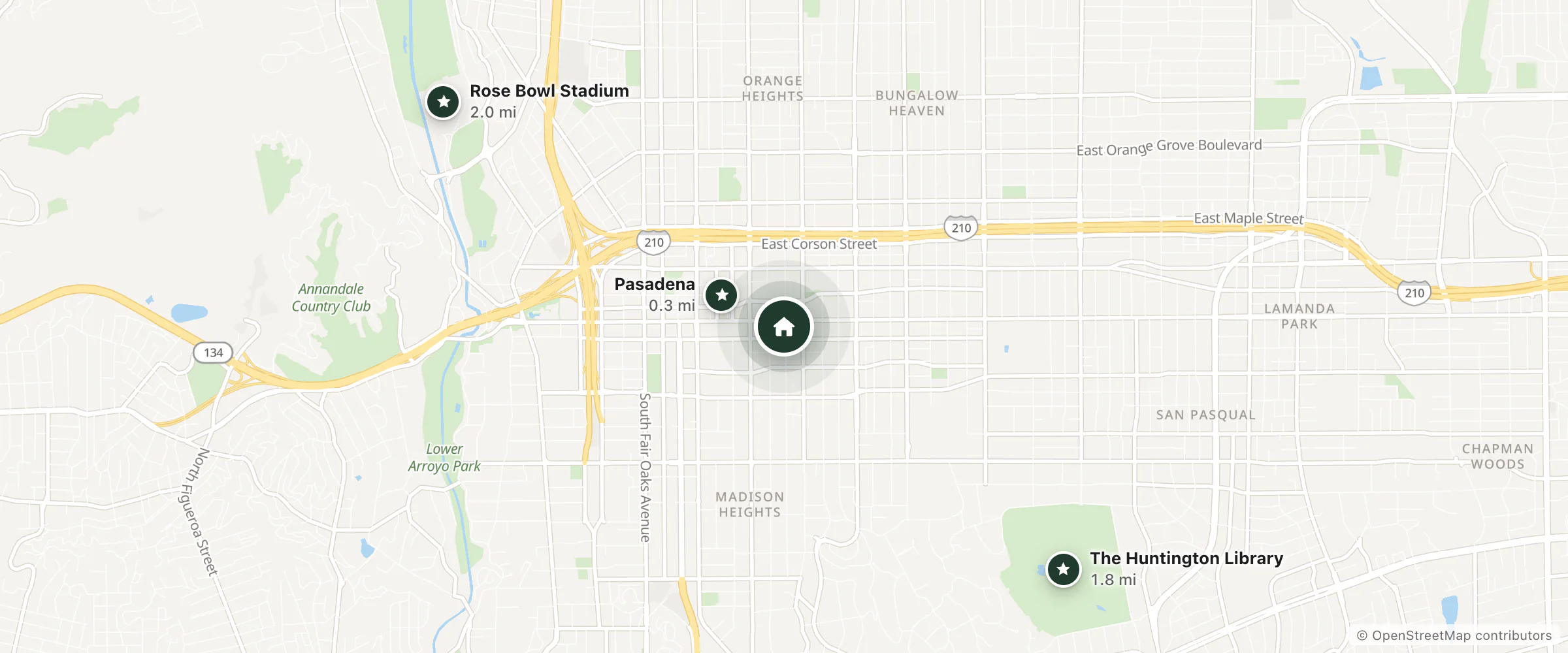 Map of AC Hotel Pasadena and nearby Pasadena, The Huntington Library and Rose Bowl Stadium