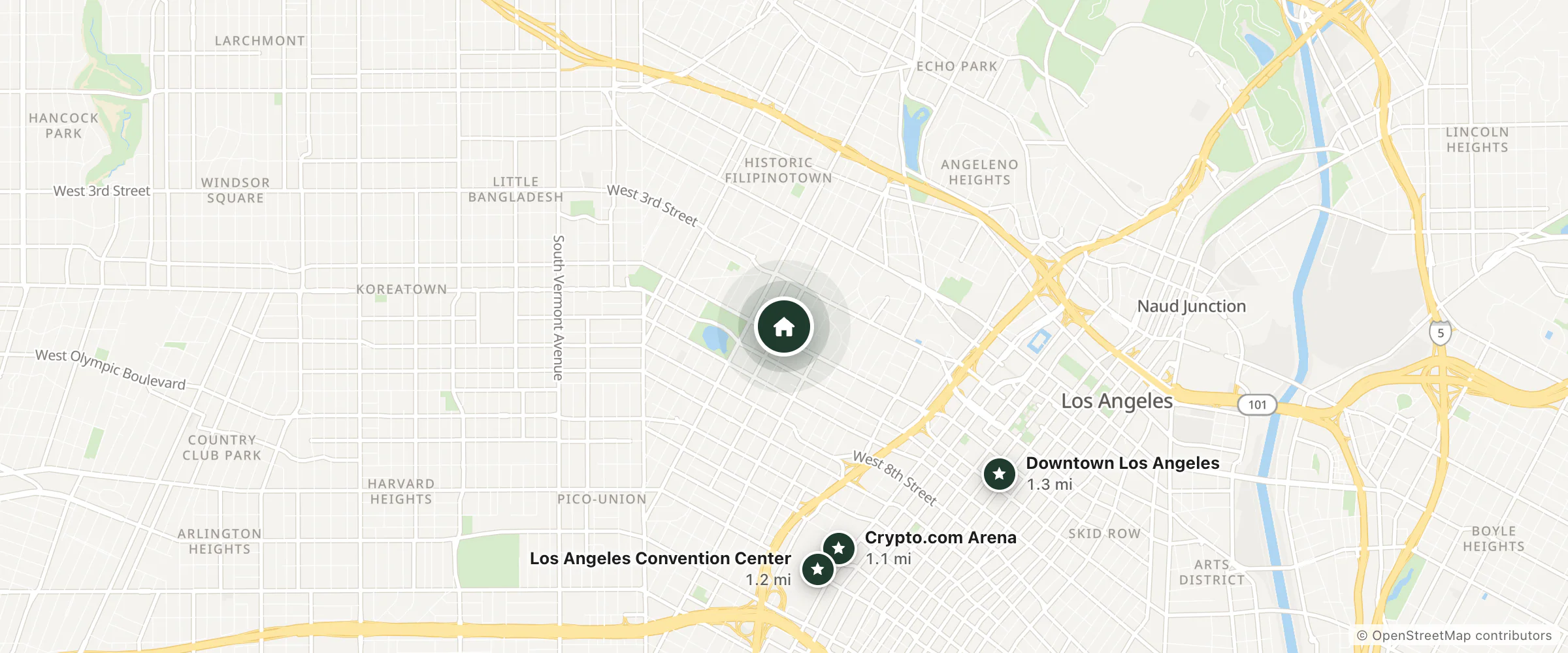 Map of Cameo Hotel and nearby Crypto.com Arena, Los Angeles Convention Center and Downtown Los Angeles