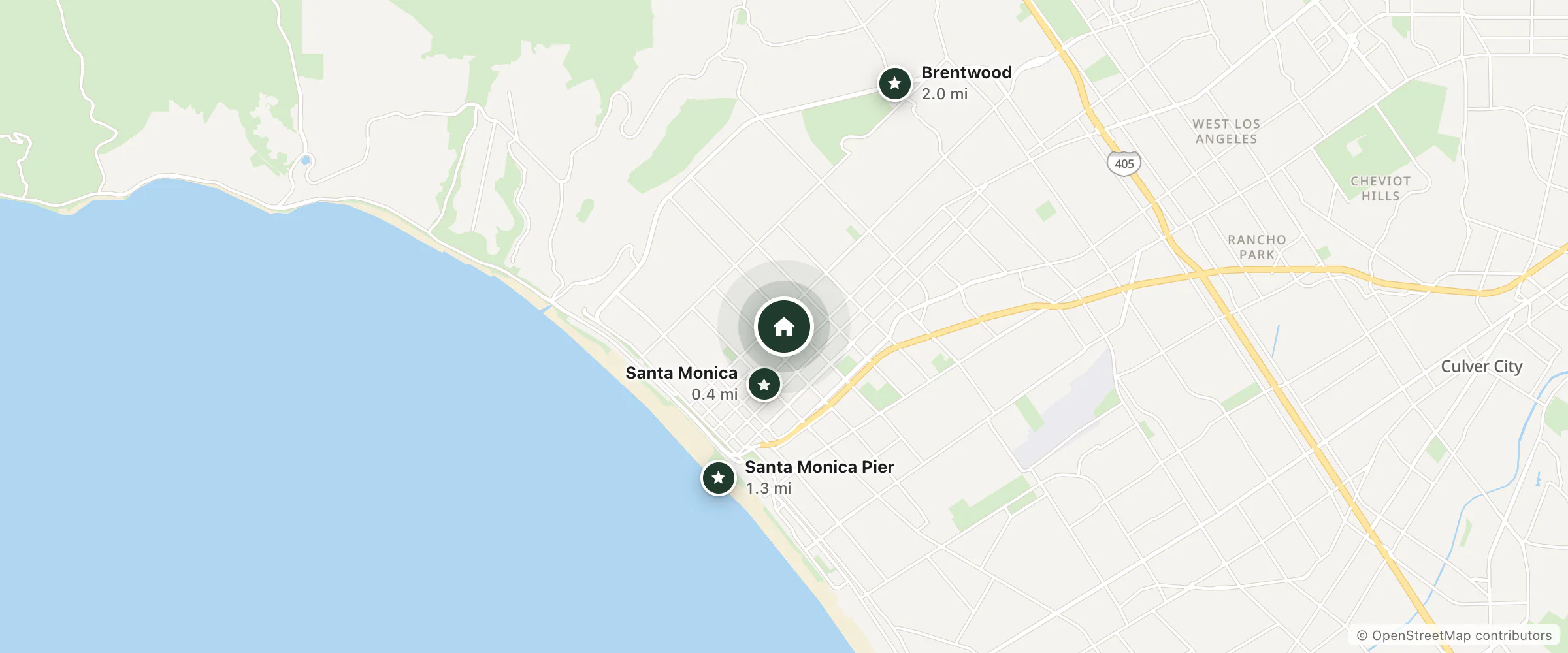 Map of Calmada Resort and nearby Santa Monica, Santa Monica Pier and Brentwood