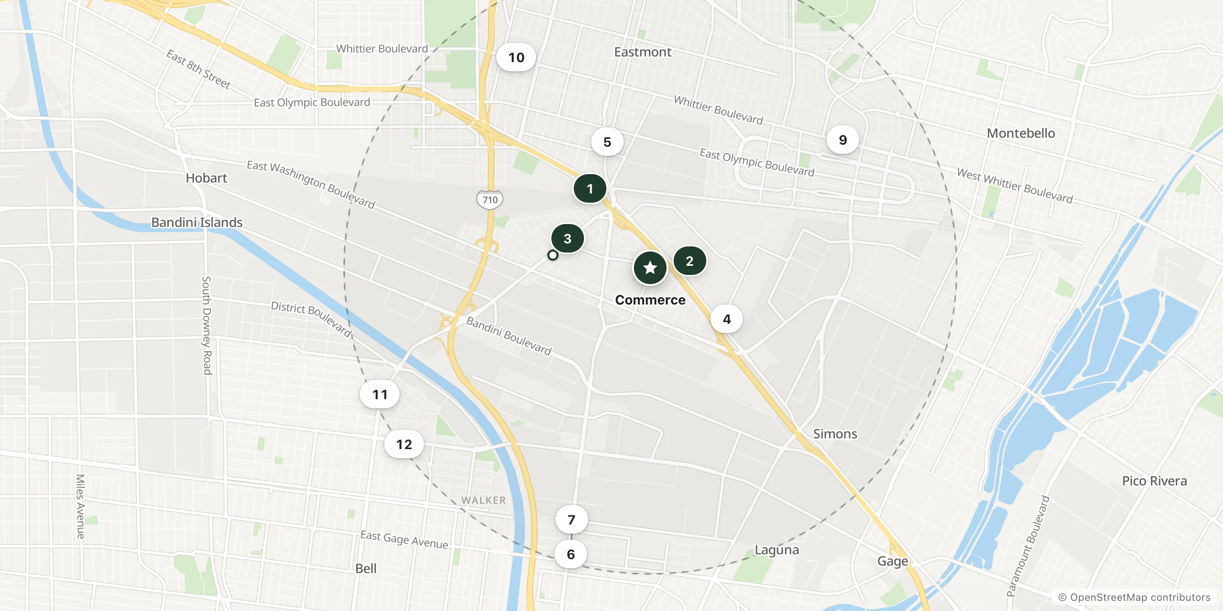 Map of hotels near Commerce