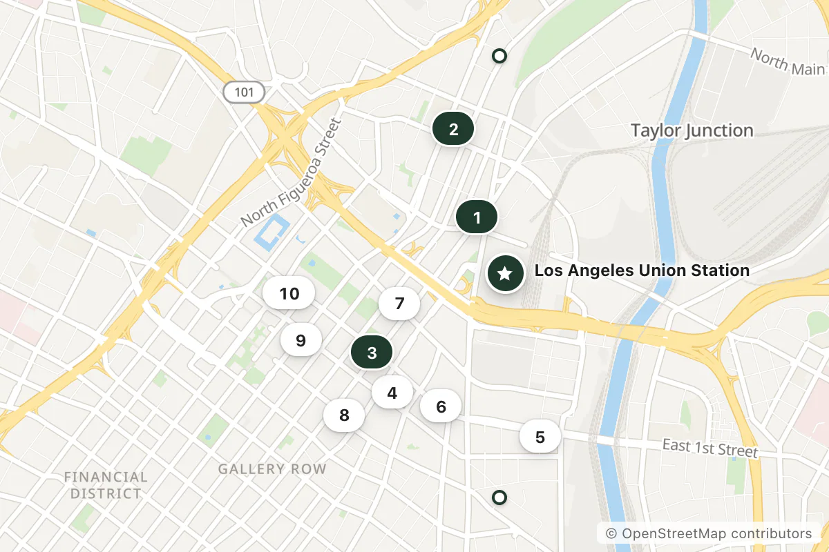 Map of the top 12 hotels for this question around Los Angeles Union Station