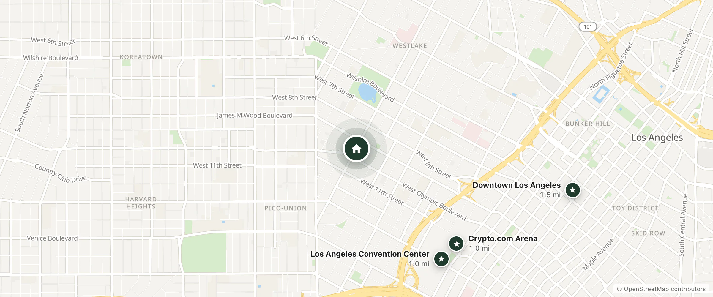 Map of Alvarado Palms Motel and nearby Crypto.com Arena, Los Angeles Convention Center and Downtown Los Angeles