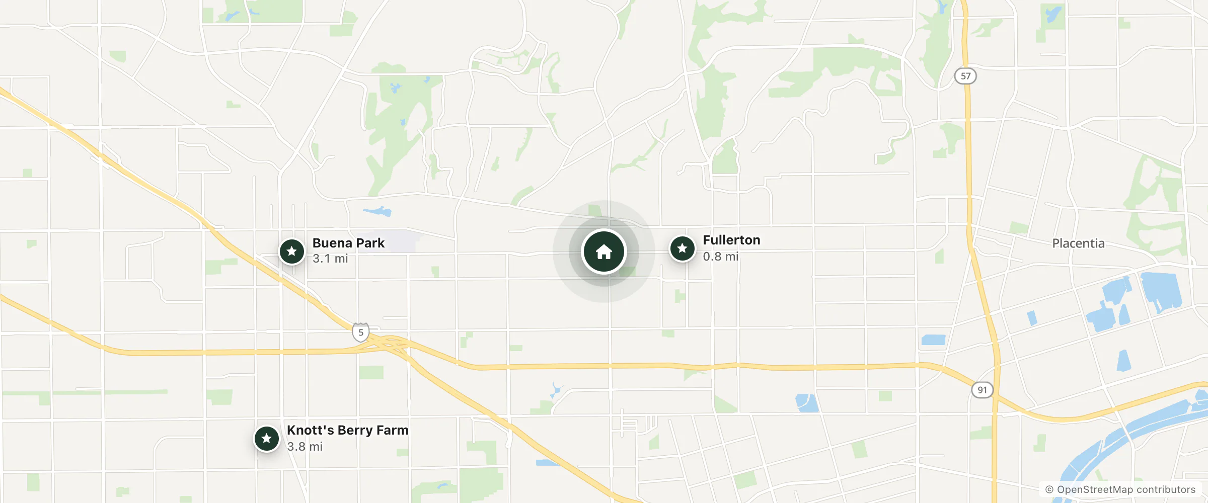 Map of Lucky Motel and nearby Fullerton, Buena Park and Knott's Berry Farm