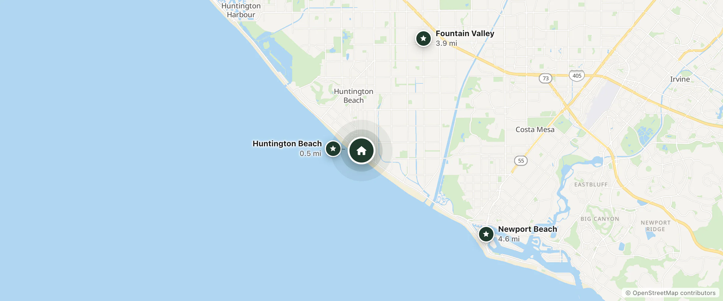 Map of Pasea Hotel & Spa and nearby Huntington Beach, Fountain Valley and Newport Beach