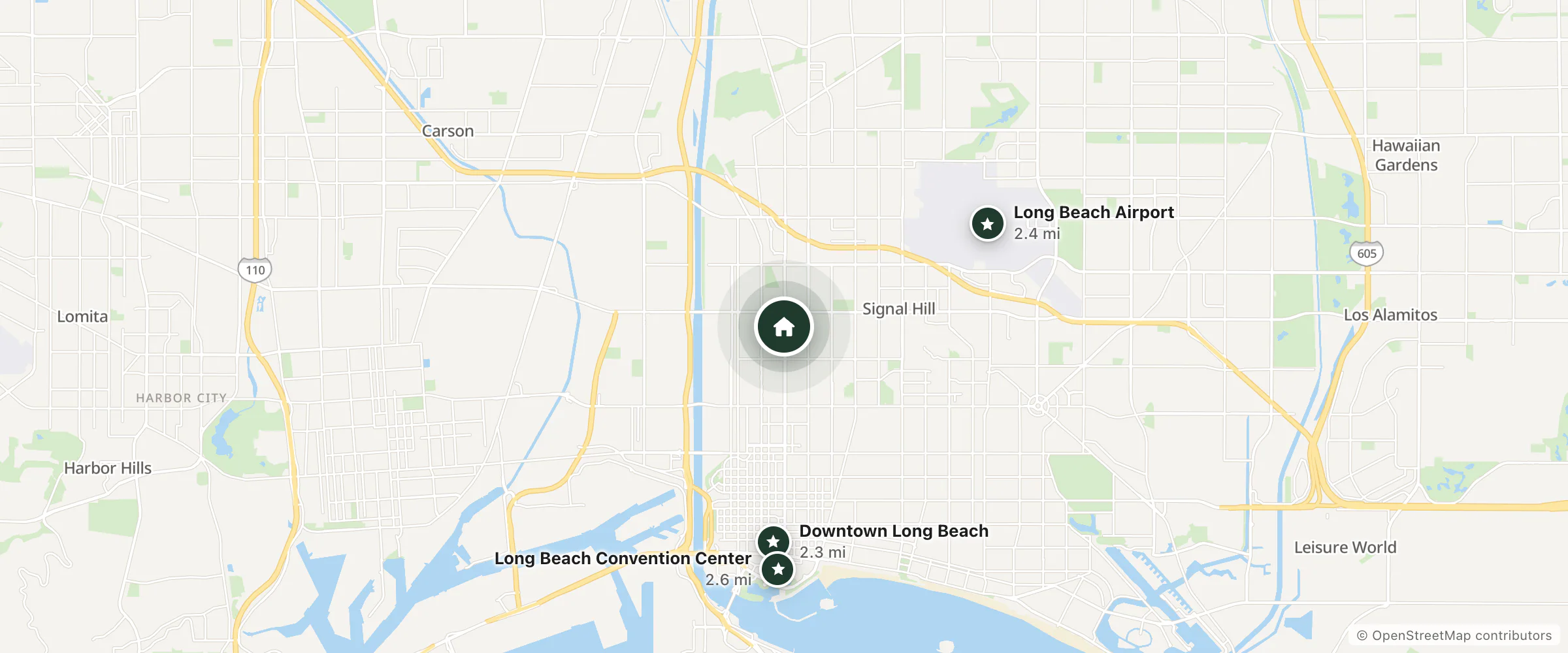 Map of Hyland Inn and nearby Downtown Long Beach, Long Beach Airport and Long Beach Convention Center
