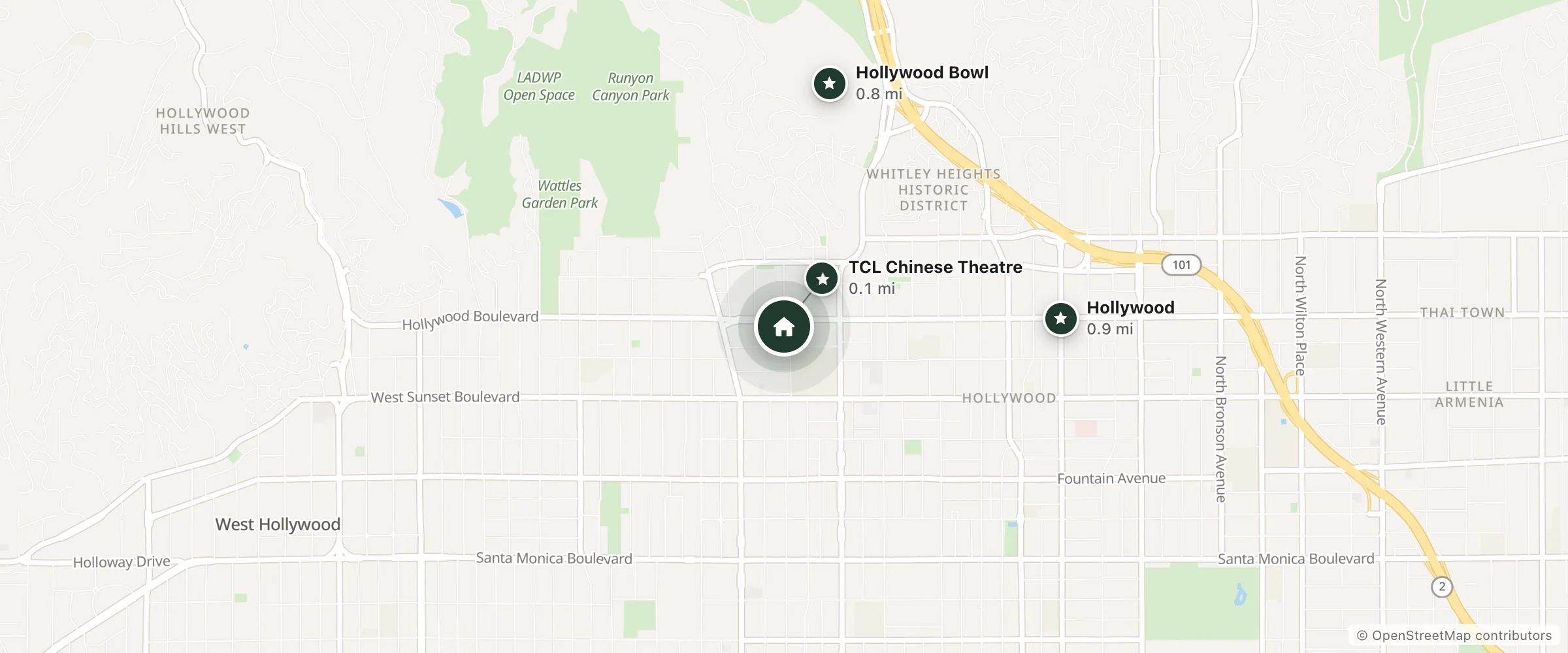 Map of Penthouse Suite and nearby TCL Chinese Theatre, Hollywood Bowl and Hollywood