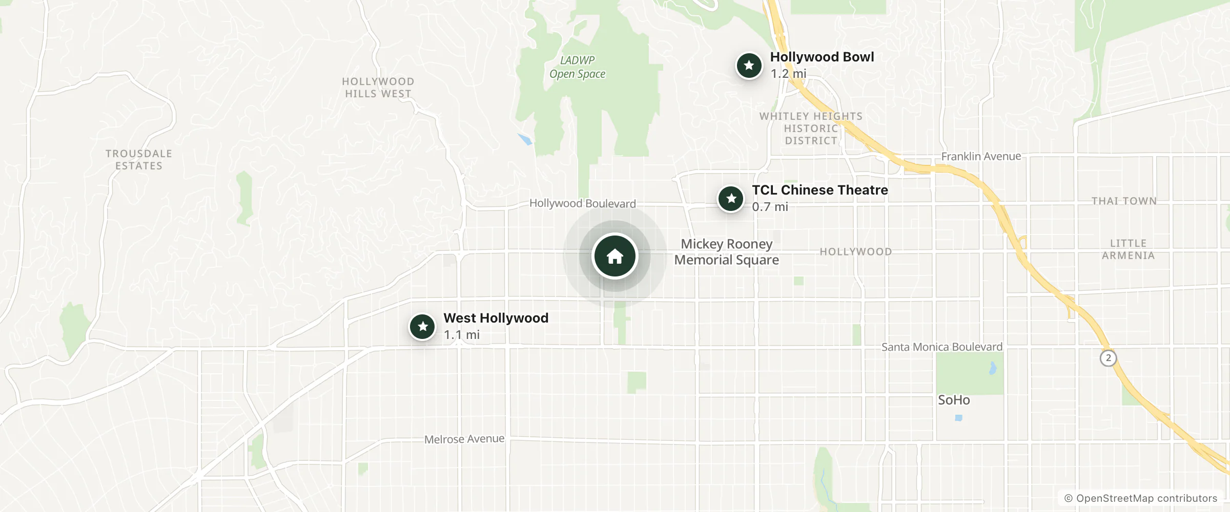 Map of The Moment Hotel and nearby TCL Chinese Theatre, West Hollywood and Hollywood Bowl