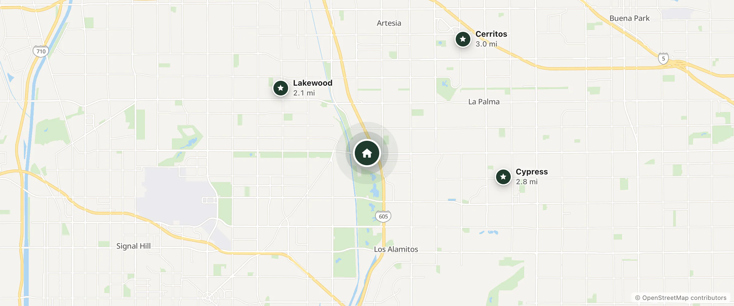 Map of Exclusivo Inn and Suites and nearby Lakewood, Cypress and Cerritos