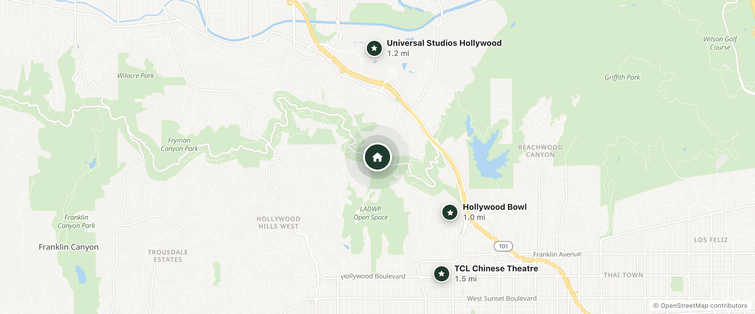 Map of Pacific View Palace and nearby Hollywood Bowl, Universal Studios Hollywood and TCL Chinese Theatre