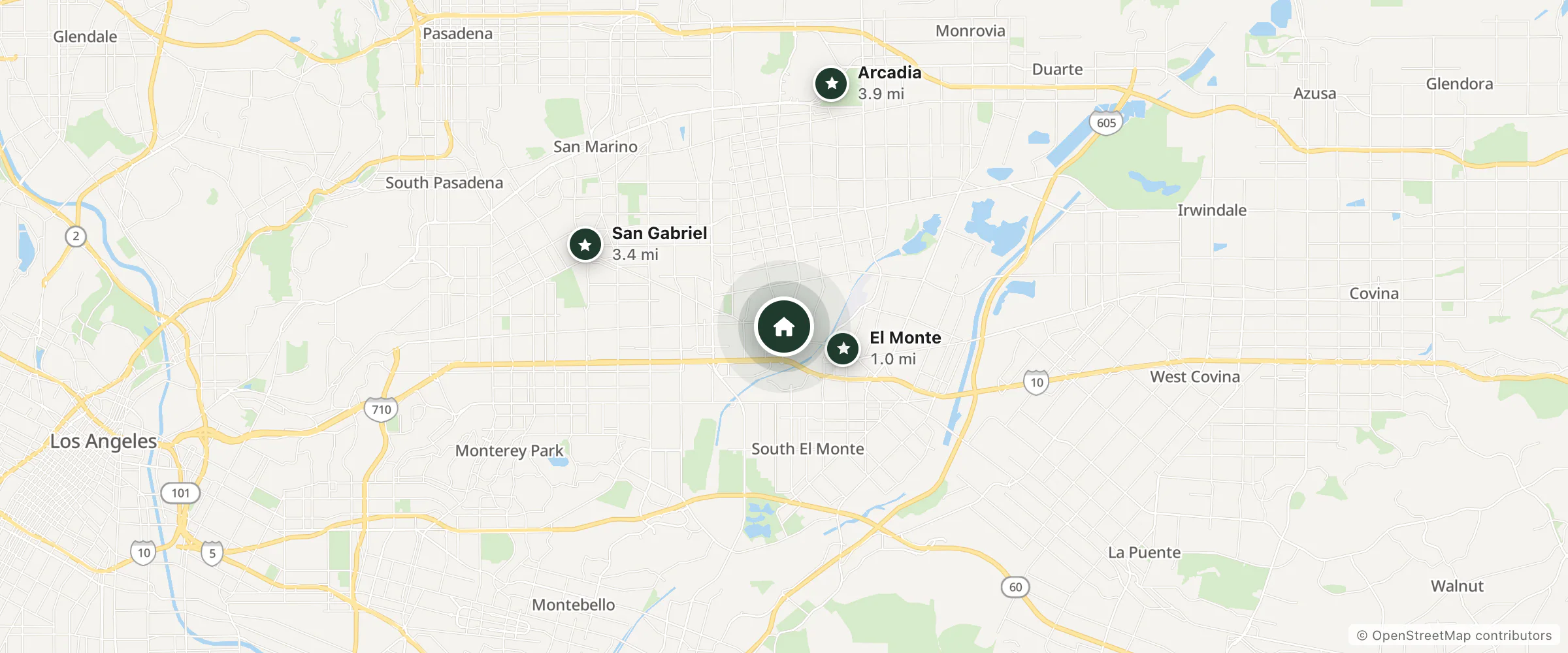 Map of Eunice Plaza Motel and nearby El Monte, San Gabriel and Arcadia