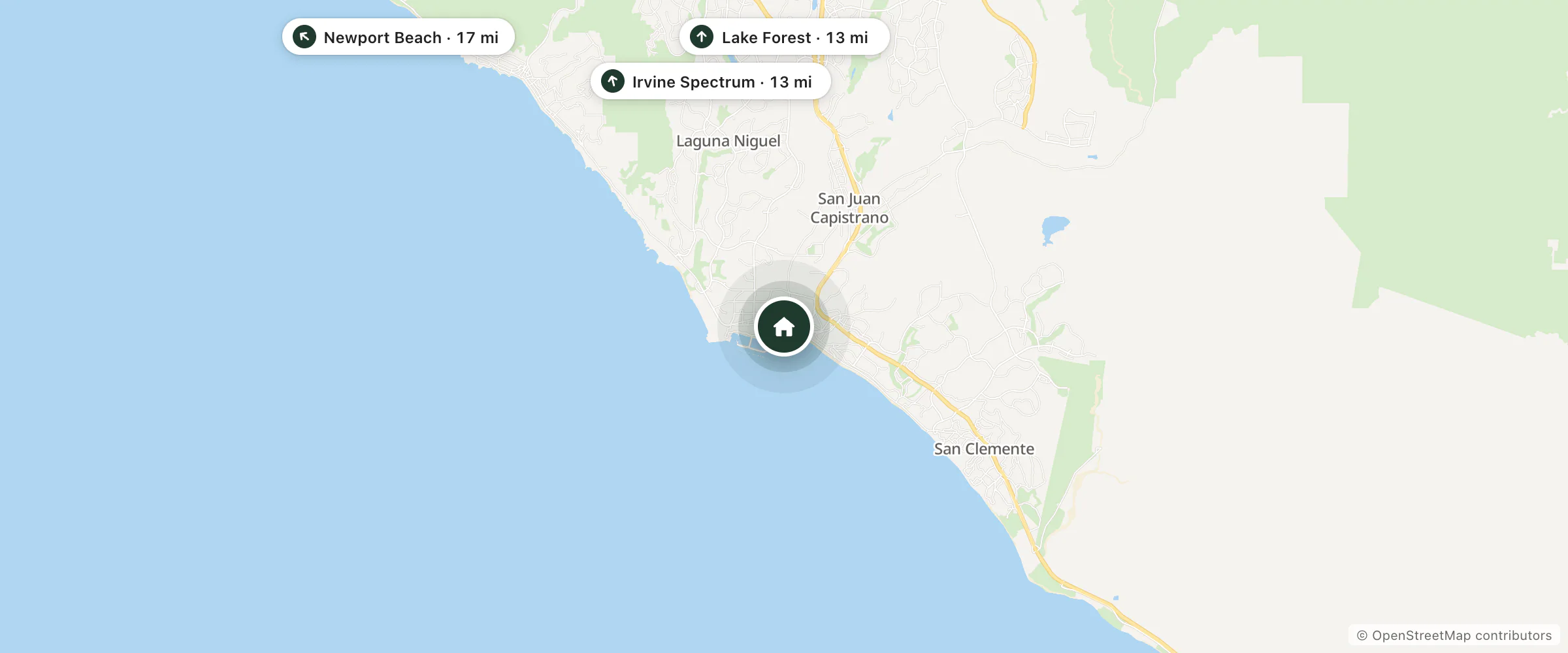 Map of DoubleTree Suites by Hilton Hotel Doheny Beach and nearby Lake Forest, Irvine Spectrum and Newport Beach