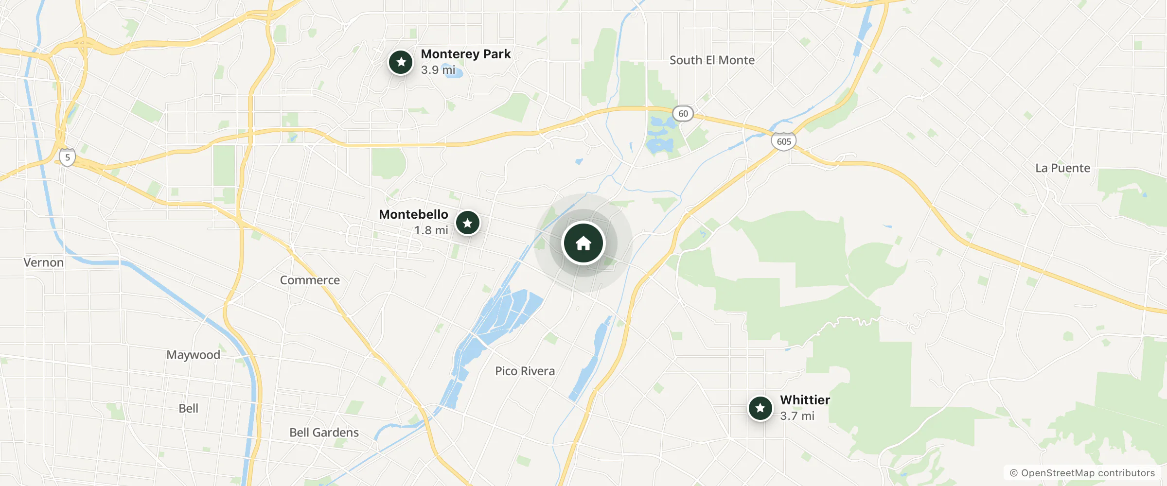 Map of Epic Hotel and nearby Montebello, Whittier and Monterey Park