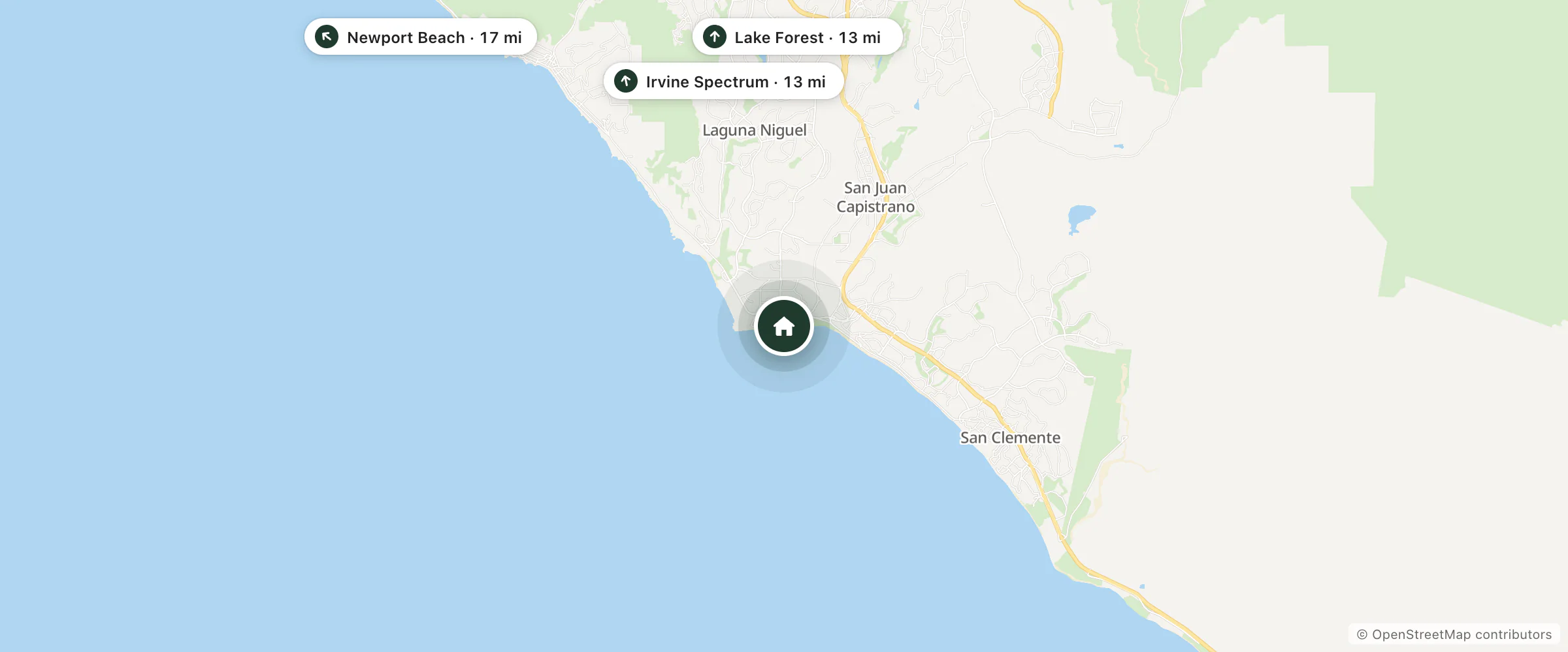Map of Dana Point Marina Inn and nearby Lake Forest, Irvine Spectrum and Newport Beach