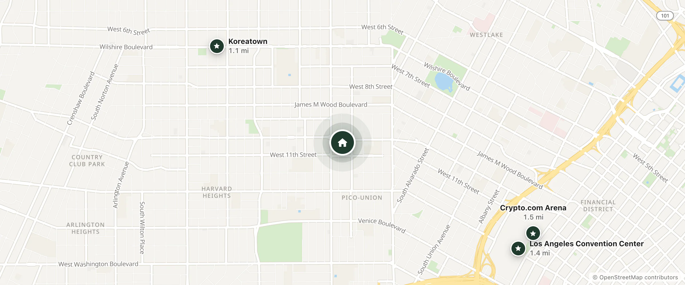 Map of Hotel Olyver and nearby Koreatown, Los Angeles Convention Center and Crypto.com Arena