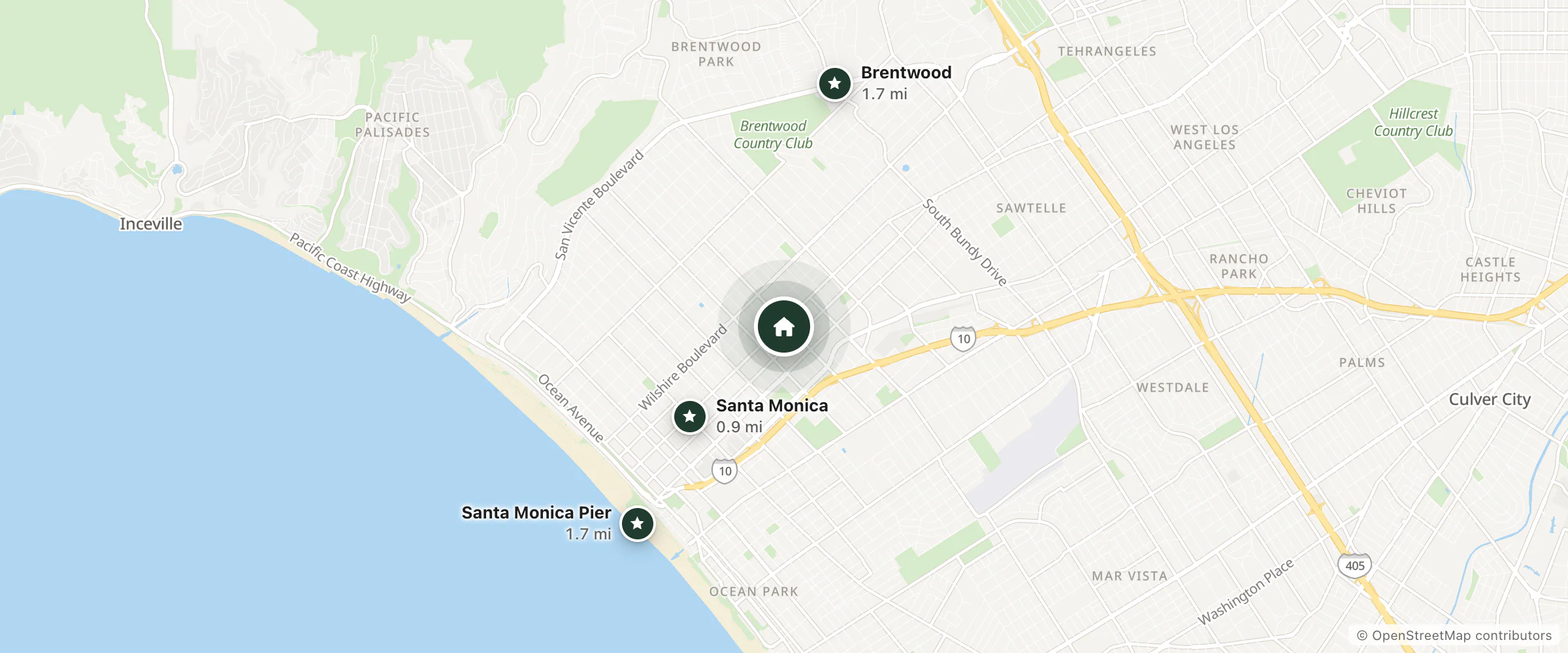 Map of Gateway Hotel Santa Monica and nearby Santa Monica, Santa Monica Pier and Brentwood