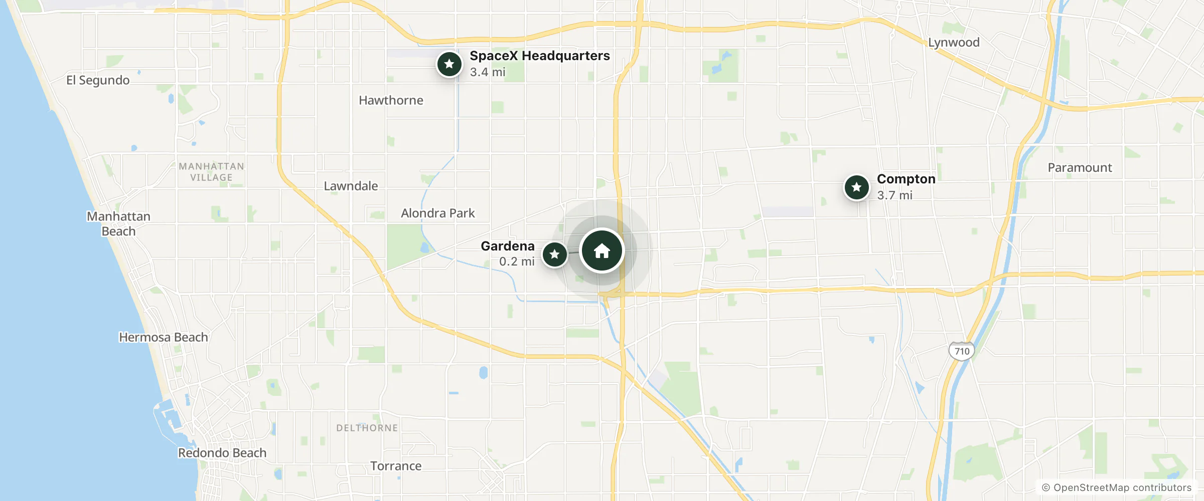 Map of Plaza Hotel Gardena and nearby Gardena, SpaceX Headquarters and Compton