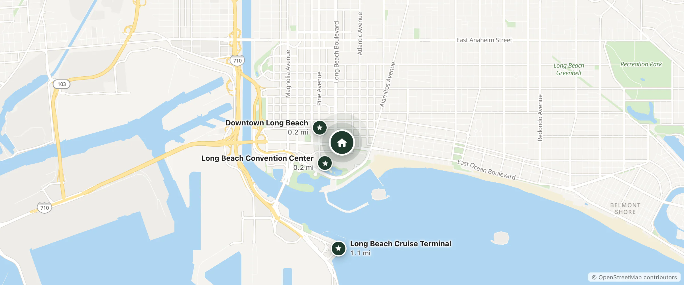 Map of Westin Hotels & Resorts and nearby Long Beach Convention Center, Downtown Long Beach and Long Beach Cruise Terminal